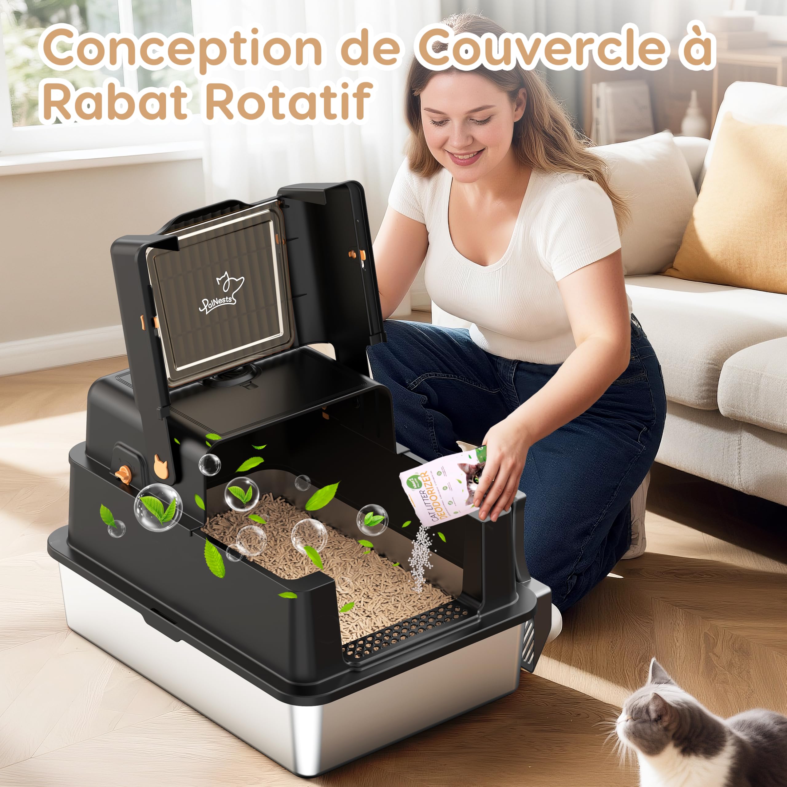 Bac à Litière en Acier Inoxydable, PalNests 120L XXL Litter pour Chat avec Couvercle à 105° et Pelle, Litière en Métal Amovible, 3 en 1 Litiere à Bords Hauts avec Désodorisant pour Litière pour Chat