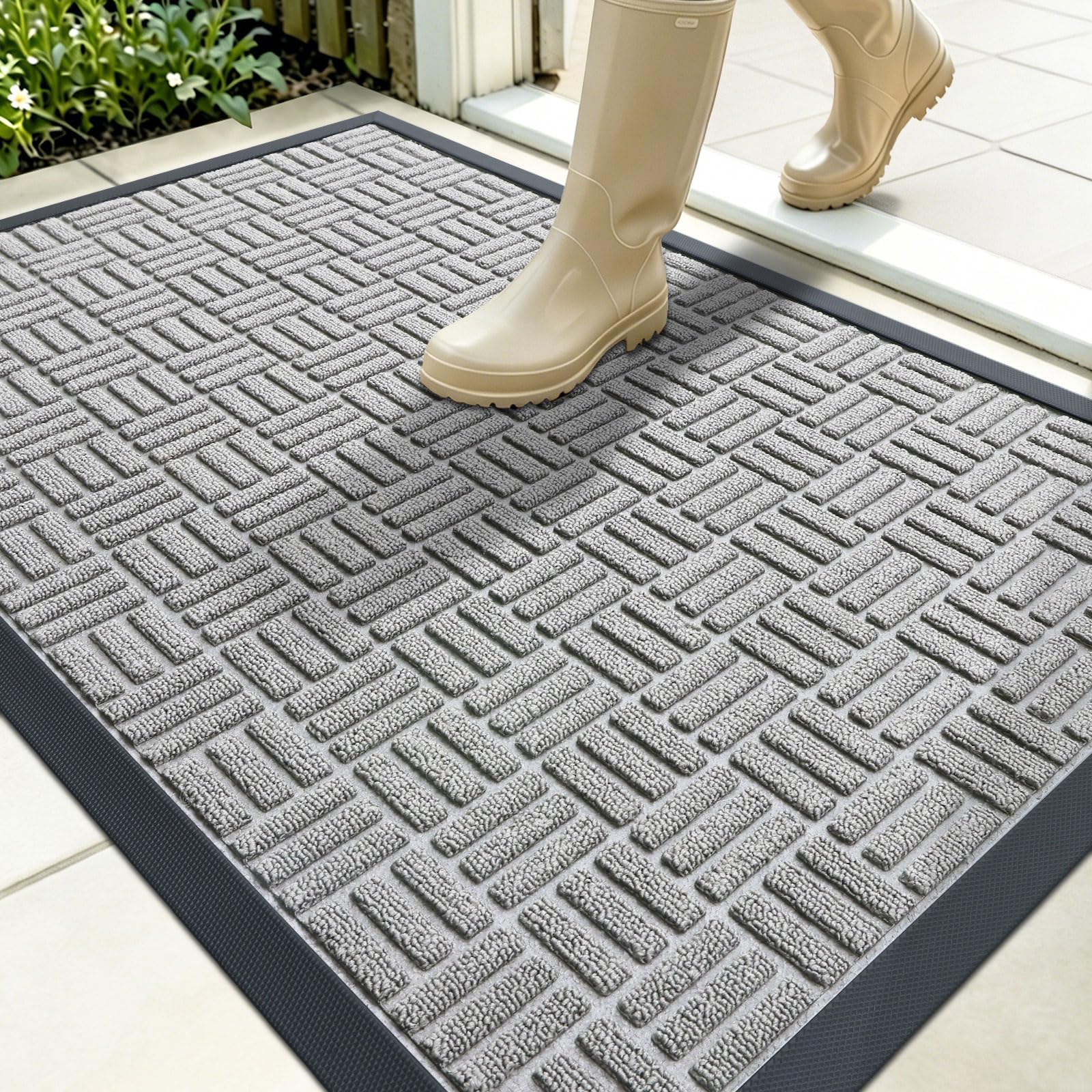 OLANLY Front Door Mat Outside Entrance 35x23, Heavy-Duty Rubber Doormat | Light Gray, Stain and Fade Resistant, Non-Slip Backing, Low-Profile Indoor Outdoor Floor Mat for Entryway, Easy to Clean