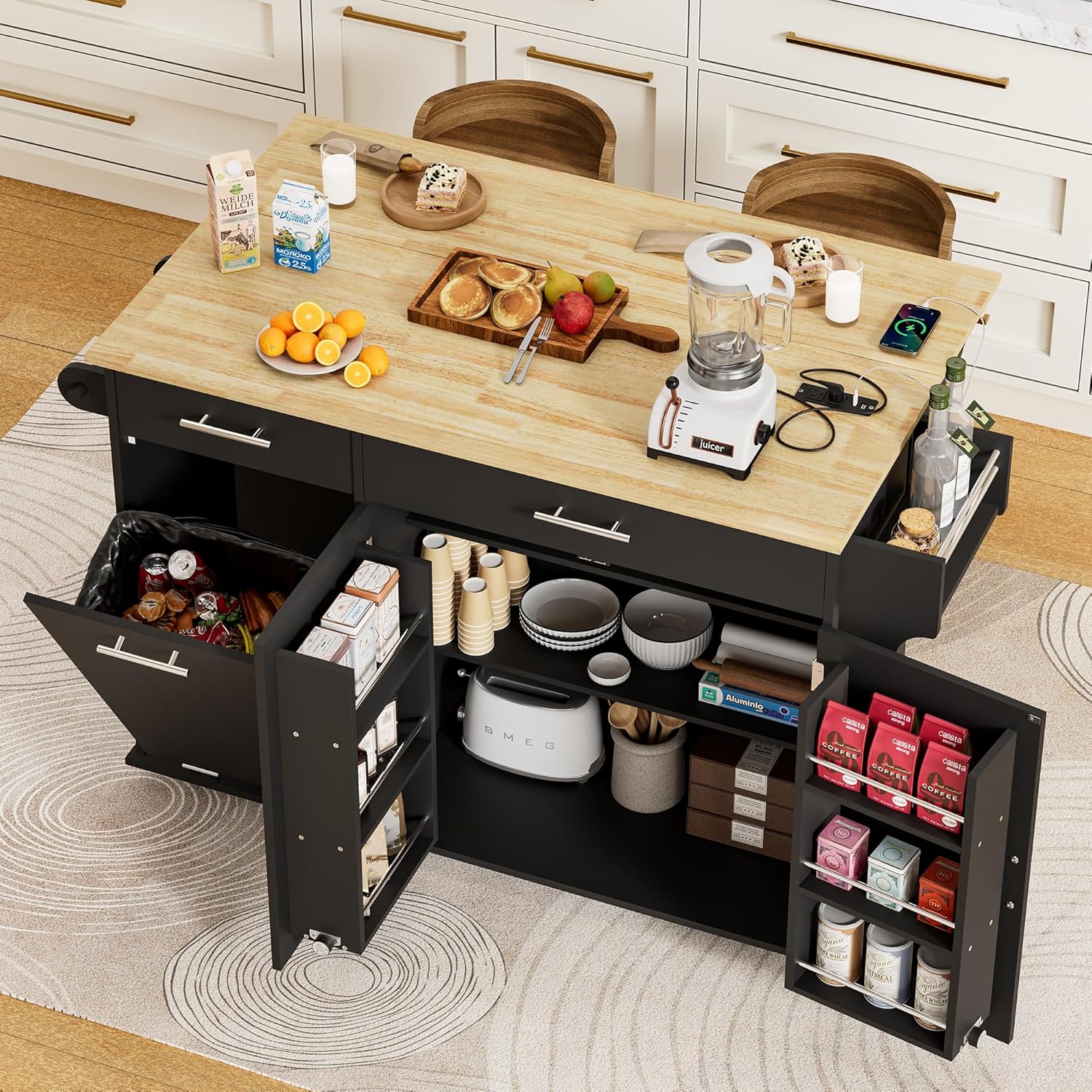 Rolling Kitchen Island with Trash Can Storage, Portable Kitchen Island Cart on Wheels with Drop Leaf & Power Outlet, Towel Rack & Spice Rack, Large Mobile Island Table for Kitchen, Black