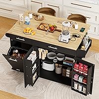 HQZX Rolling Kitchen Island Cart with Hidden Trash Can, Drop Leaf, Power Outlets, Spice Rack & Wheels - Black Mobile Storage