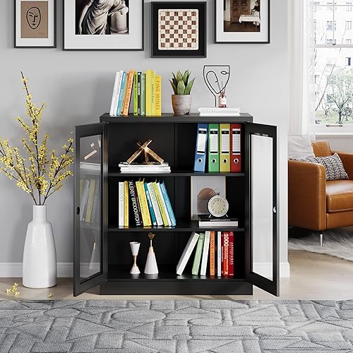 Miniatura 2 de MIIIKO Gabinete de almacenamiento de metal con puertas de vidrio, gabinete de exhibición alto de mostrador con 2 estantes ajustables y puertas de