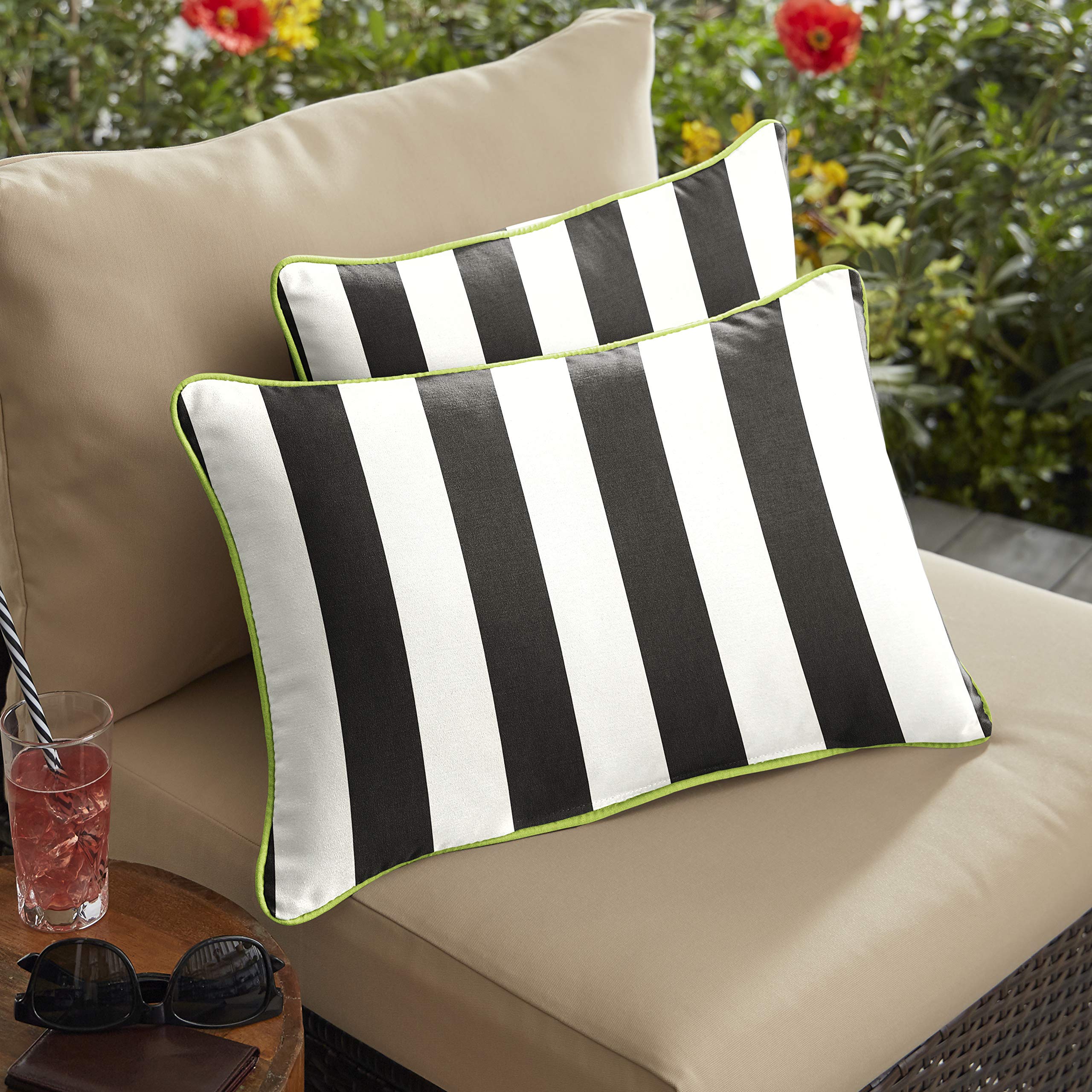Sorra Home Outdoor Sunbrella Pillow Set, 12 in x 18 in, Black White Stripe with Macaw Green