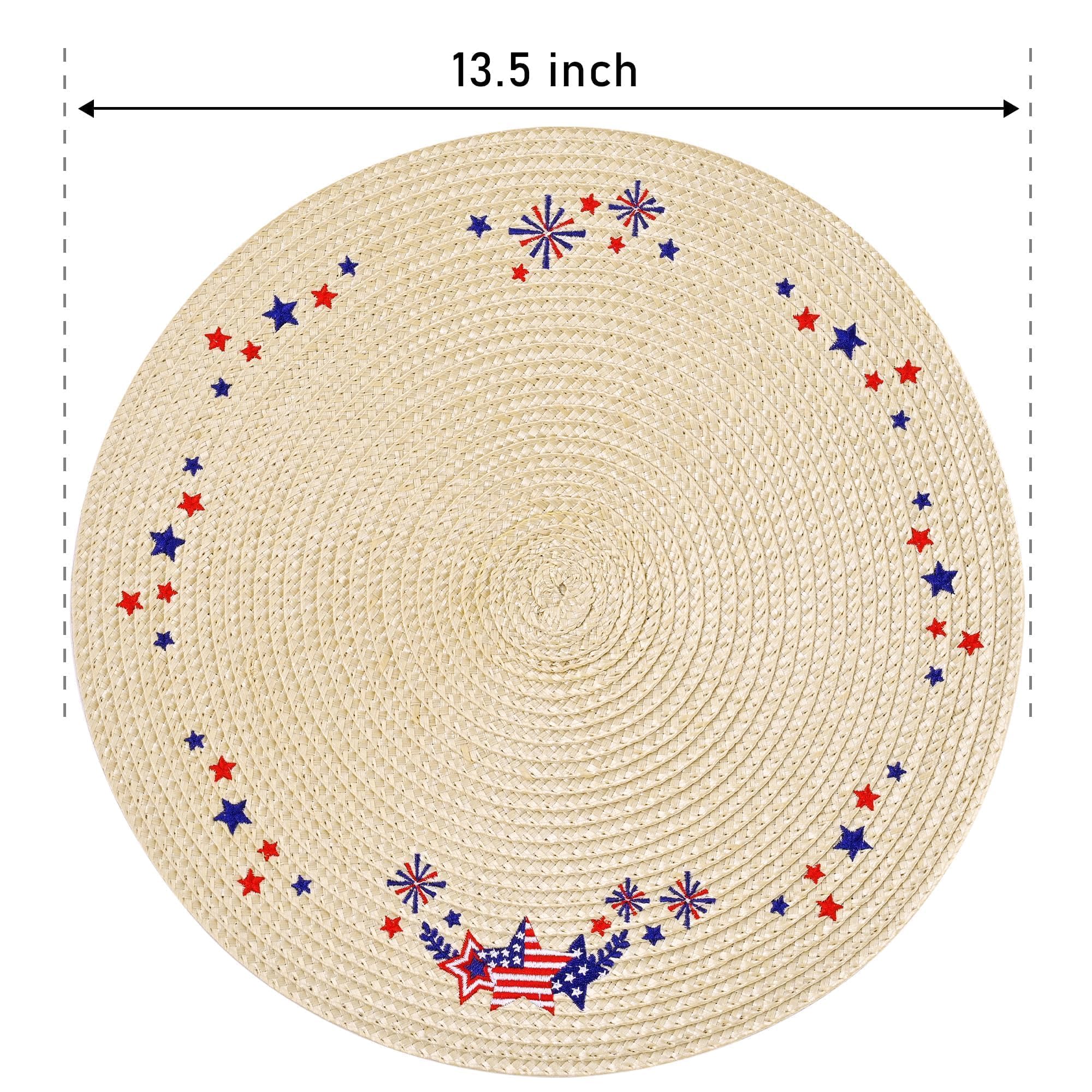 Feuille 4th of July Patriotic Round Placemats Set of 4 - Stars & Stripes Washable Woven Mats for Memorial Day Party Decor -13.5inch