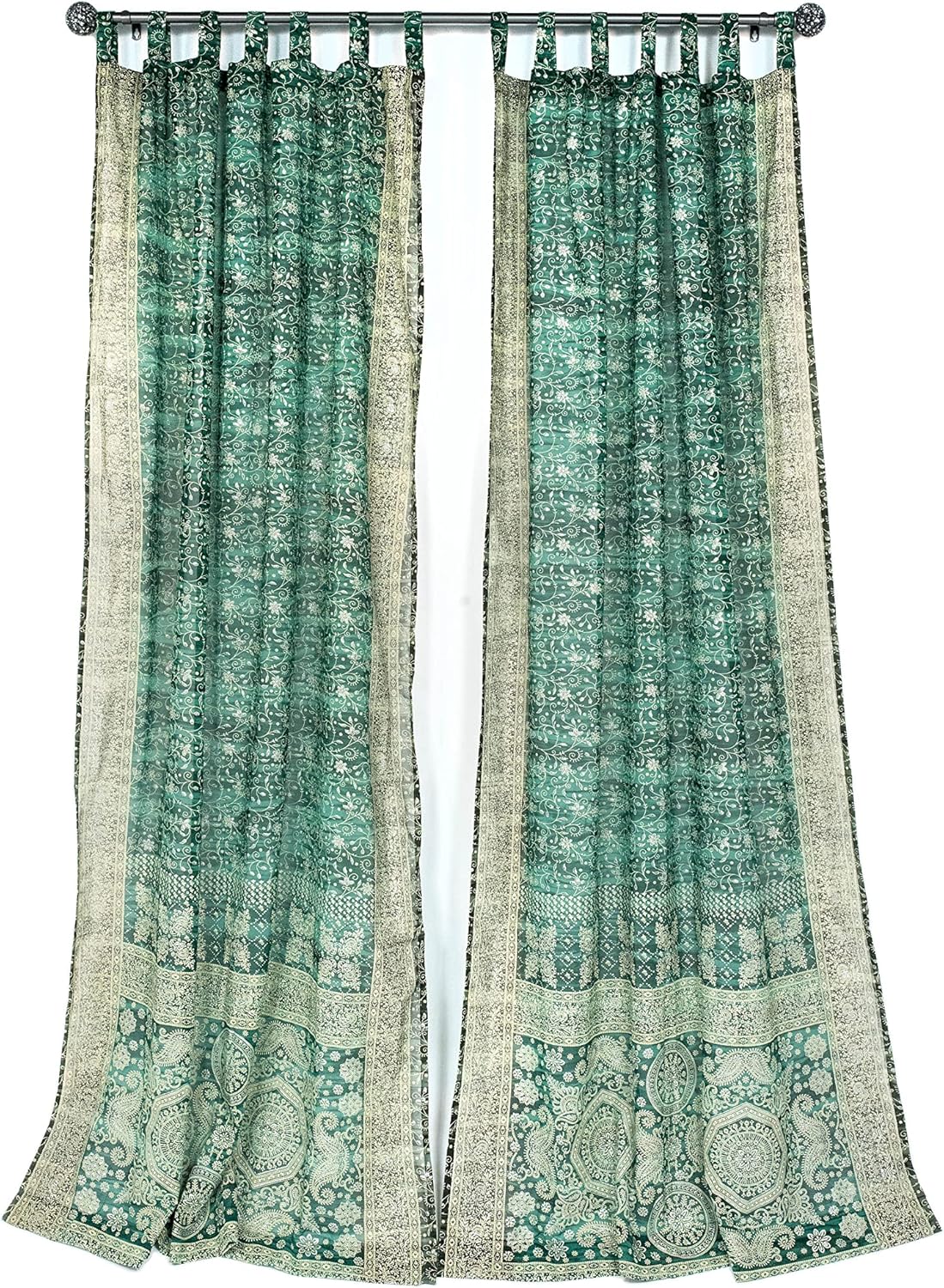 Light-Filtering Sari Colorful Curtains  Boho Curtains, Bed Canopy Panel, Tapestry or Window Treatment Brilliant Chakra Collection + Tote bag (96'l x 42"W Set of 2, Pine Green)