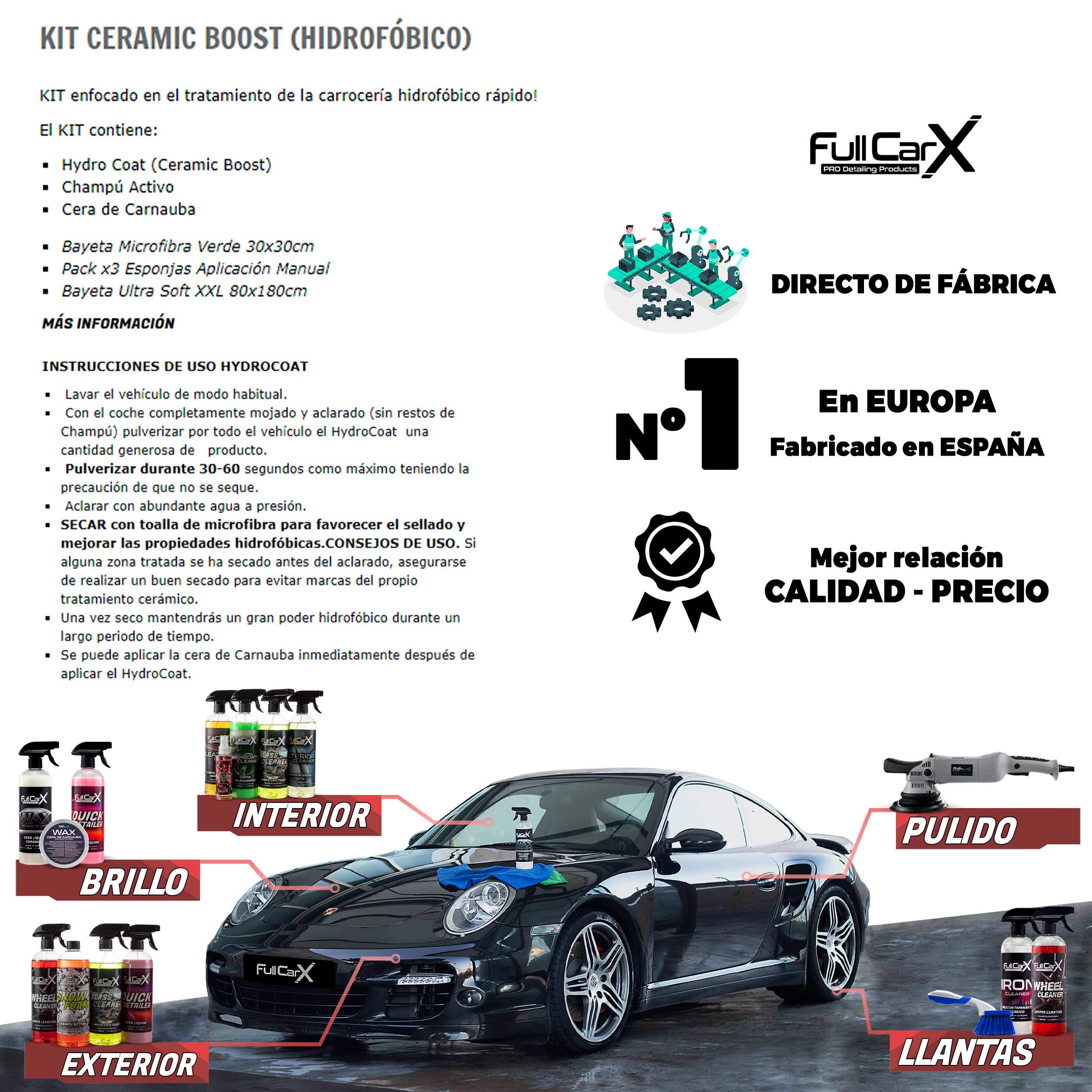 Kit Ceramic Boost Protección Cerámica Hidrófuga Repelente de Agua/Polvo/Suciedad - Hydrocoat + Champú + Cera Carnauba + Accesorios