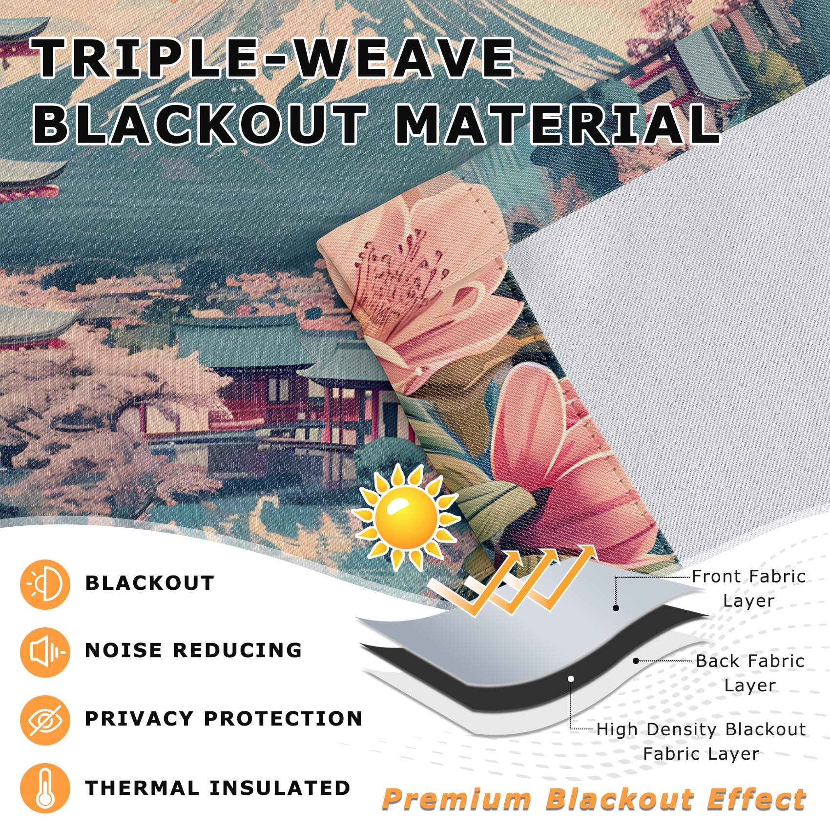 Generisch Vorhänge Japanische - Kirschblüten Landschaft Mount Fuji Fenster Gardinen mit Ösen, Vorhang Blickdicht Verdunklungsvorhänge Thermovorhang für Wohnzimmer Deko 2er Set, H 245 x B 140 cm L#-64