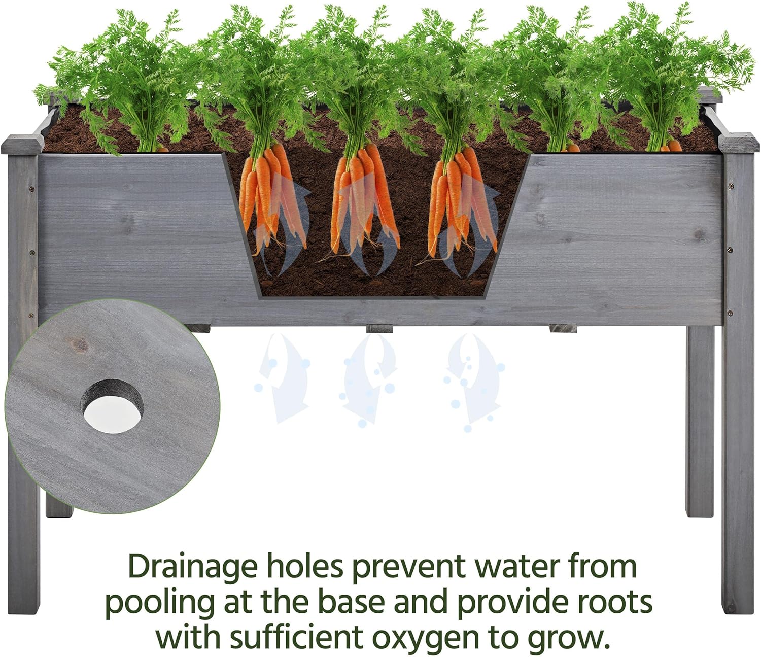 Three close-up images: a drain hole, natural fir wood texture, and a stable corner structure of the raised bed.
