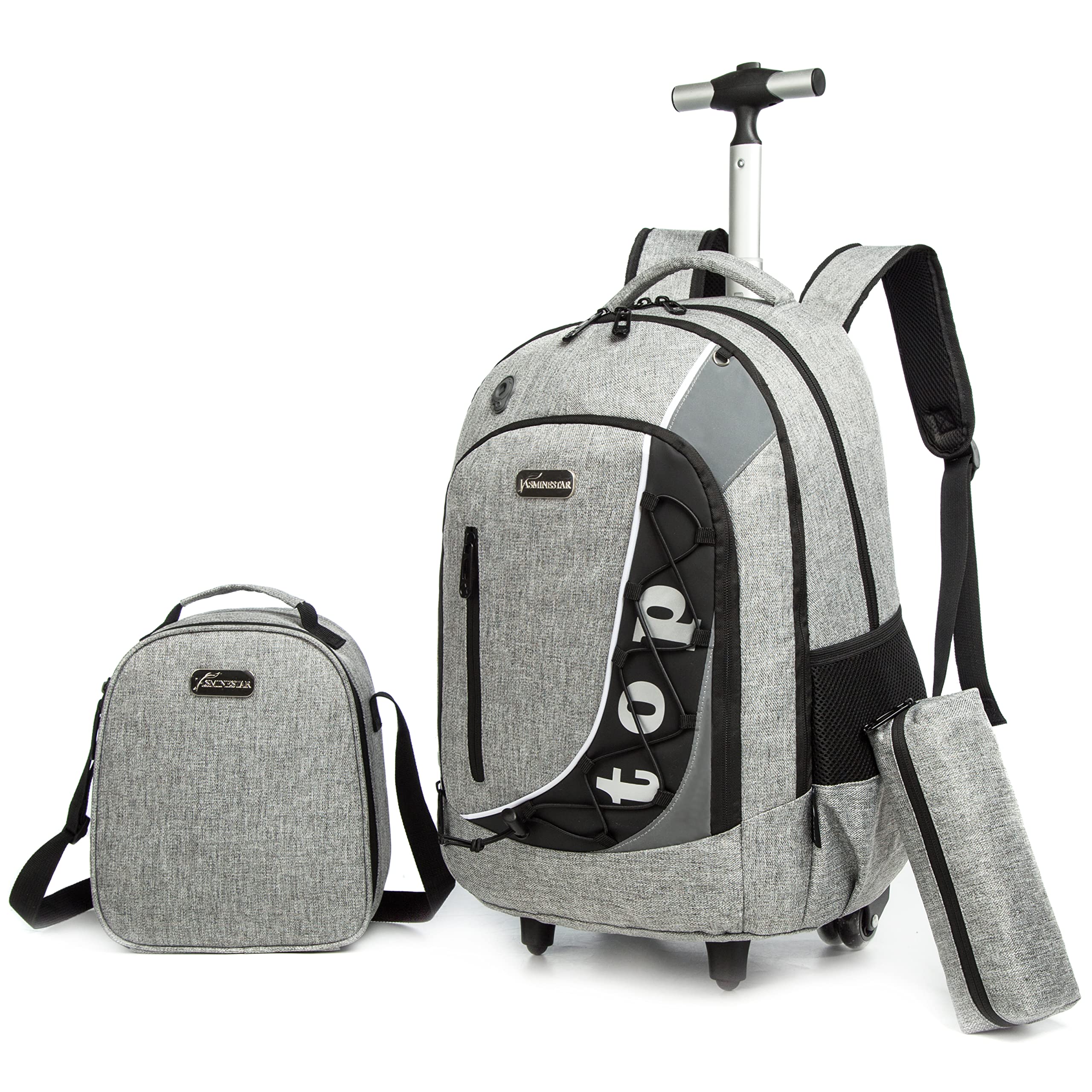 MOHCORolling Backpack 18inch with Lunch Bag and Pencil Case Wheeled School Bookbag for Boys and Girls, Light Grey