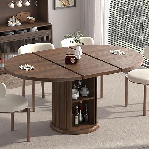 47.2"–63" Extendable Dining Room Table for 4–8, Round‑to‑Oval Expandable Wood Table with Dust‑Proof 2‑Tier Storage Shelf, Space‑Saving Modern Farmhouse Centerpiece for Kitchen Living Room, Walnut
