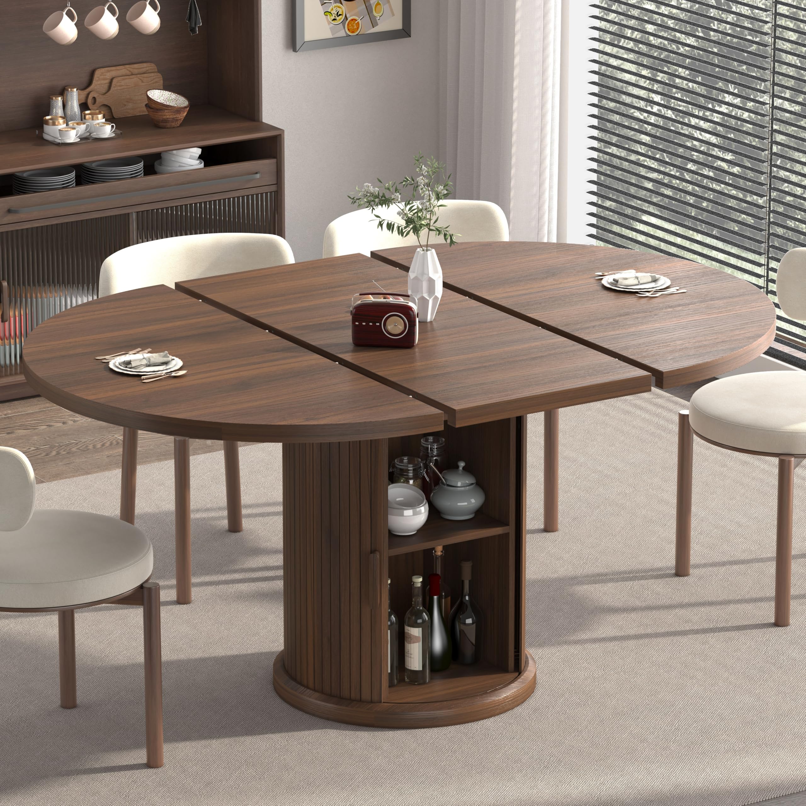 47 2 63 Extendable Dining Room Table for 4 8 Round to Oval Expandable Wood Table with Dust