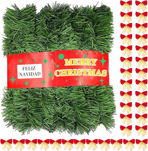 INPHER 72Feet/22M Christmas Garland, Xmas Garland with 36 Christmas Bows Artificial Green Pine Wreaths Decoration for Christmas Home Garden Holiday Wedding Party Stairs