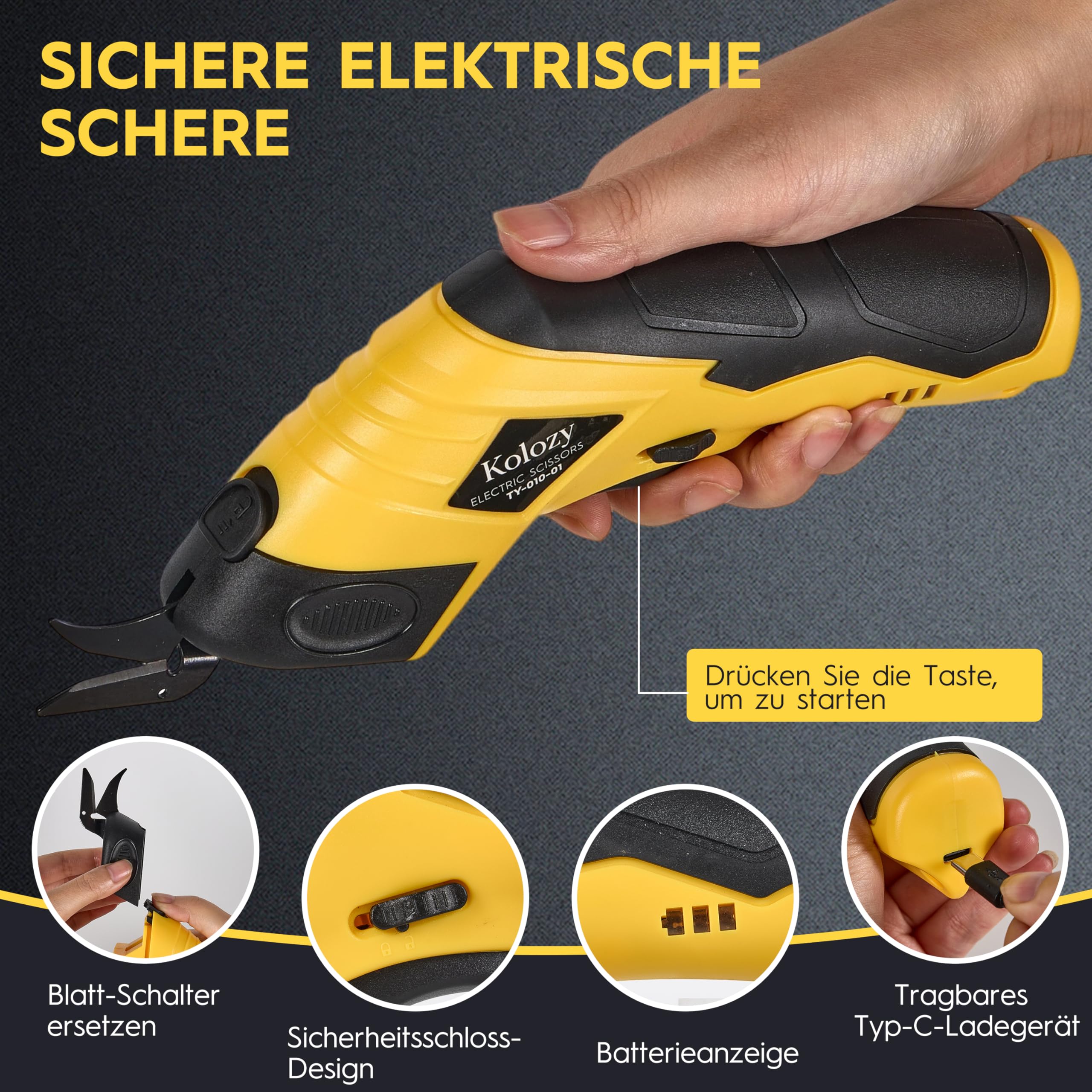Ciseaux Électriques Tissu Couture 4V 2500mAh Rechargeables Cutter Universel pour Carton, Tissu, Cuir, Tapis Outil Coupe Sécurisé avec 2 Lames Rechange, Idéal pour Couture, Bricolage, Recyclage