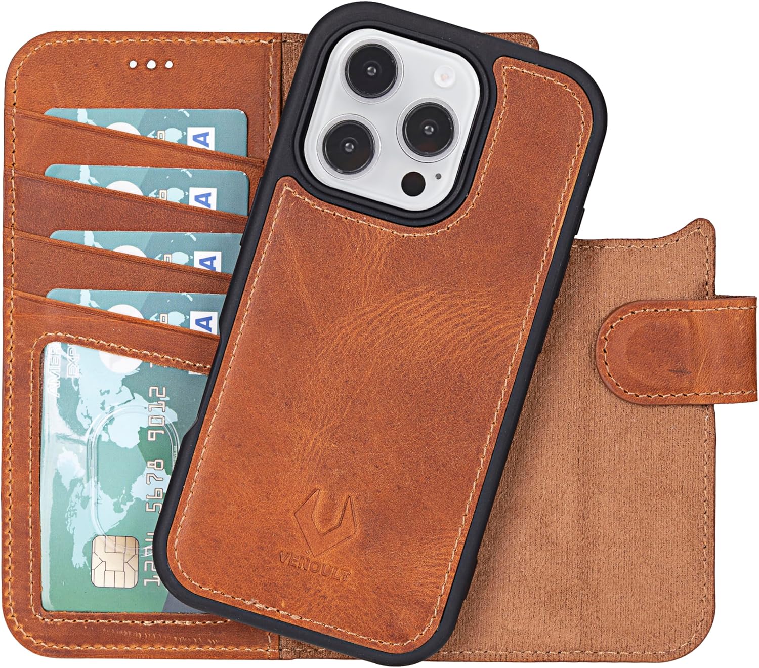 Detachable wallet case for iPhone 16 Pro Max, full-grain leather