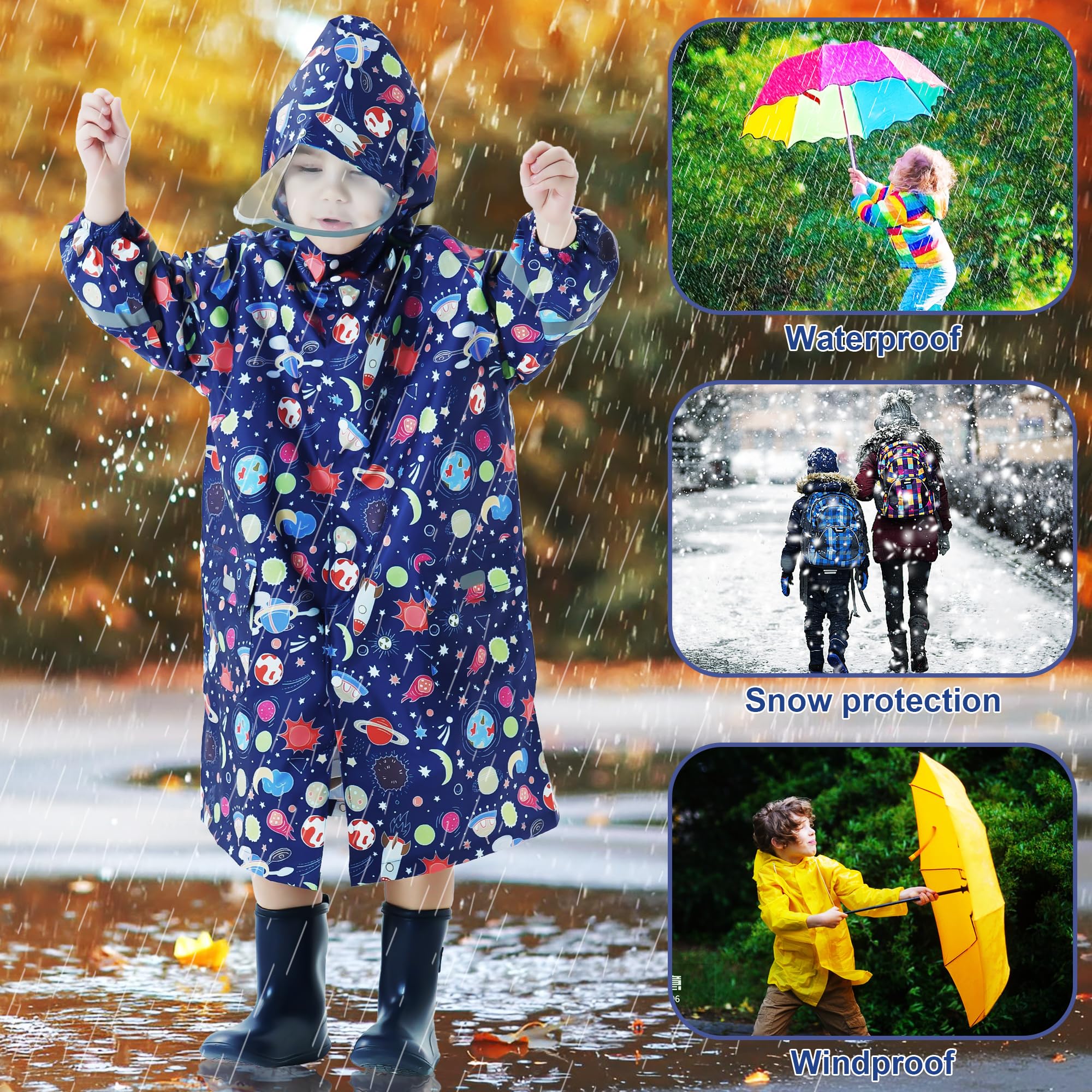 Chubasquero para Niñas Poncho Impermeable Ligero Lindos Poncho de Lluvia con Capucha y Rayas Reflectantes Plegable Chaqueta Impermeable Unisex Infantil 3-12 años