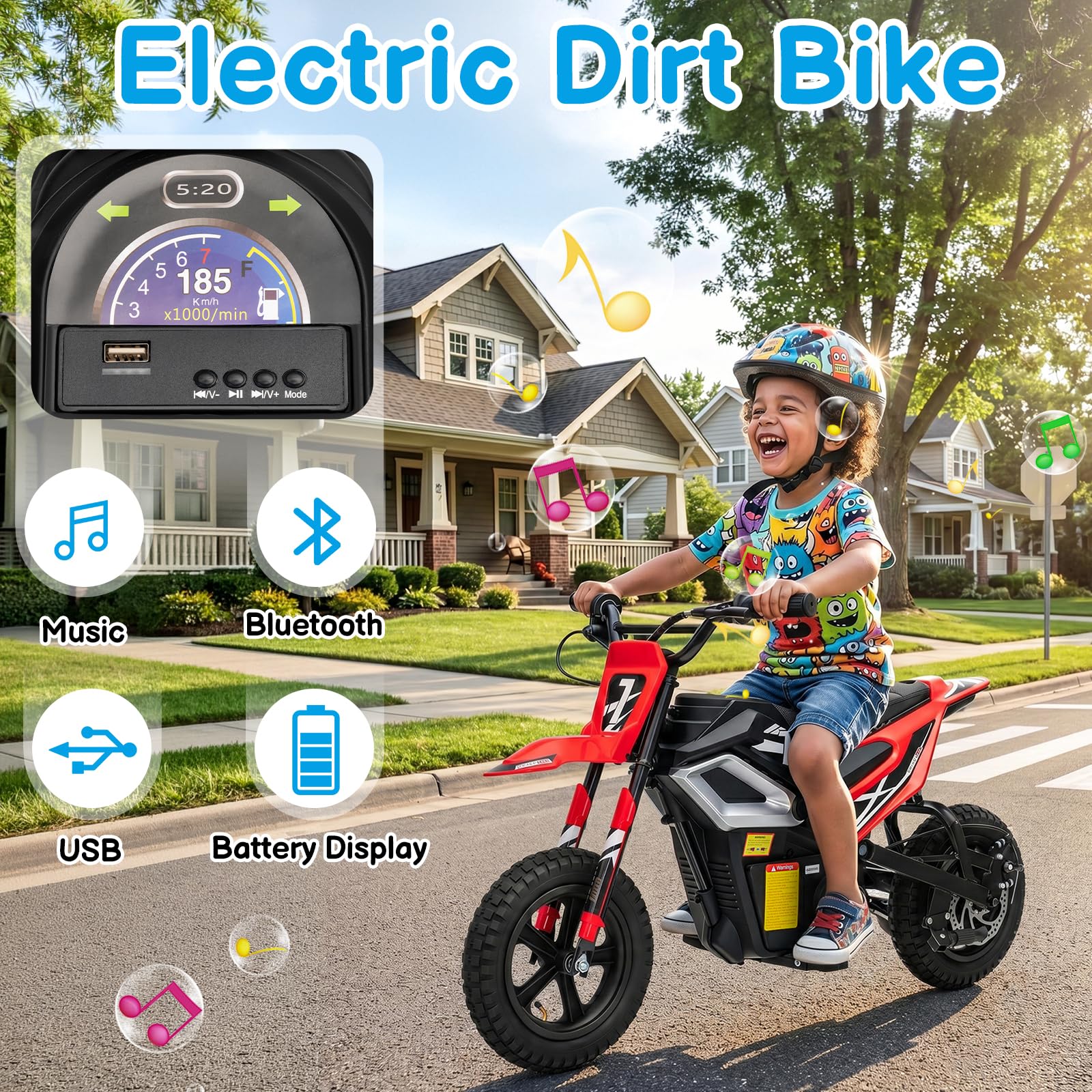 LALAHO Vélo tout-terrain électrique 24 V pour enfants, rouge | Moto électrique avec moteur 250 W, jusqu'à 14 km/h, moteur à chaîne, Bluetooth, accélérateur Thwist-Grip et frein arrière