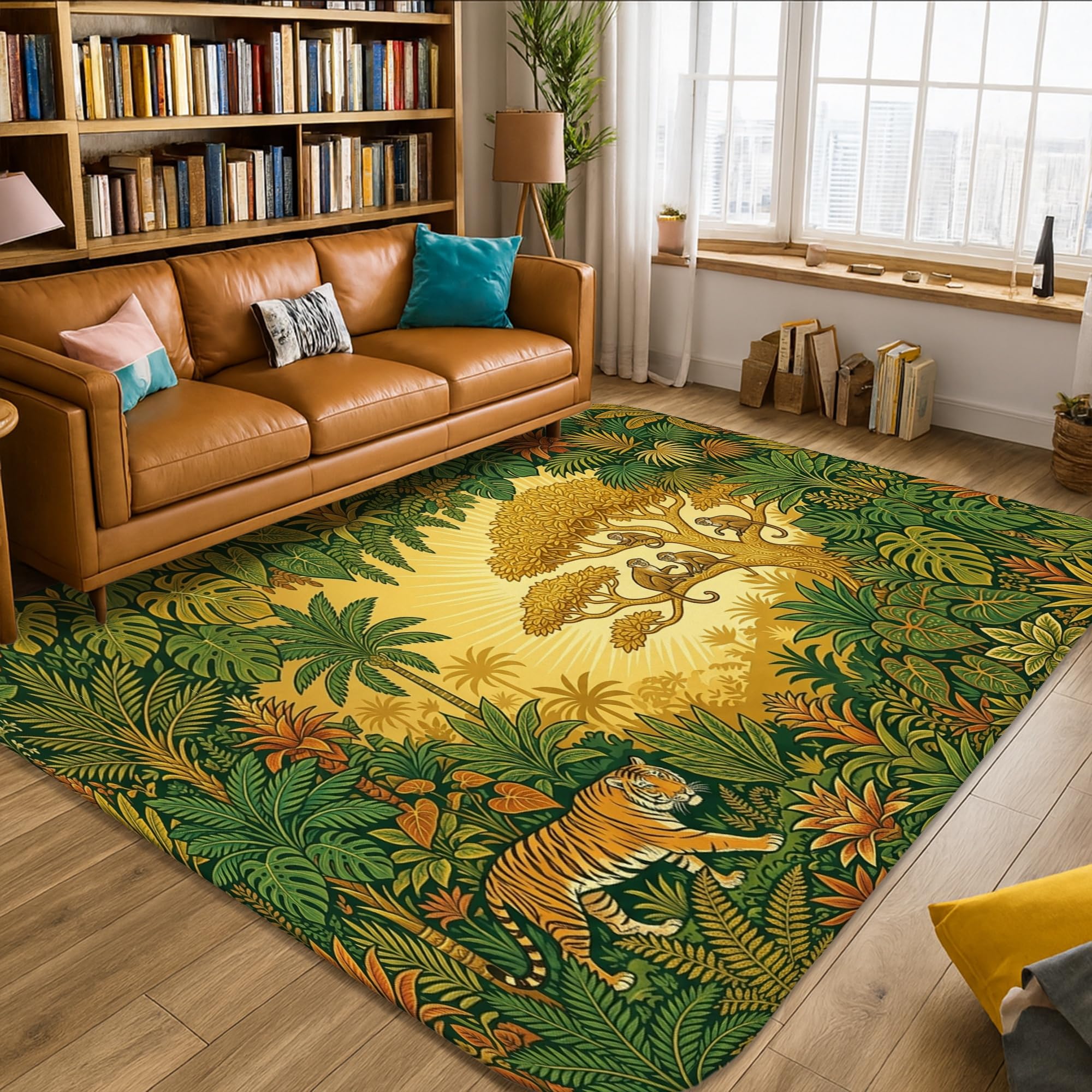 Alfombra de área de tigre, hojas tropicales de árbol natural, verde, de pelo bajo, esponja suave, rectangular, resistente a las manchas, para sala de estar, dormitorio, aula, dormitorio, decoración de