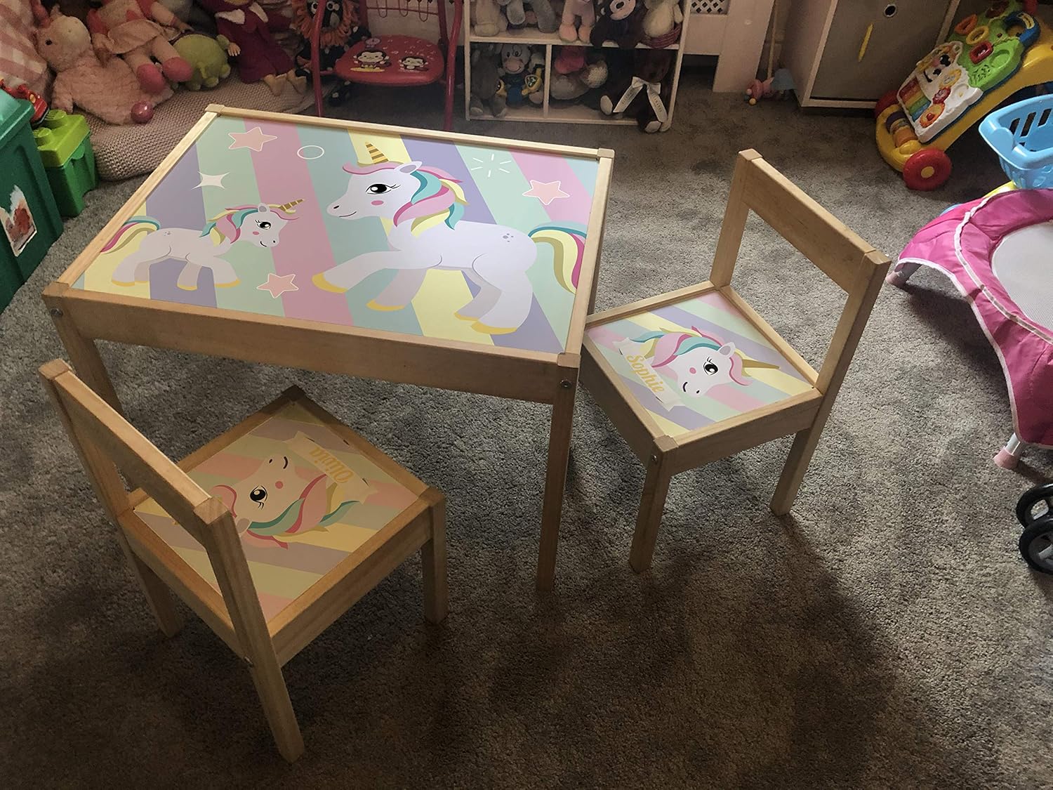 MakeThisMine Personalised Children's Table and 2 Chairs Unicorn Stripes