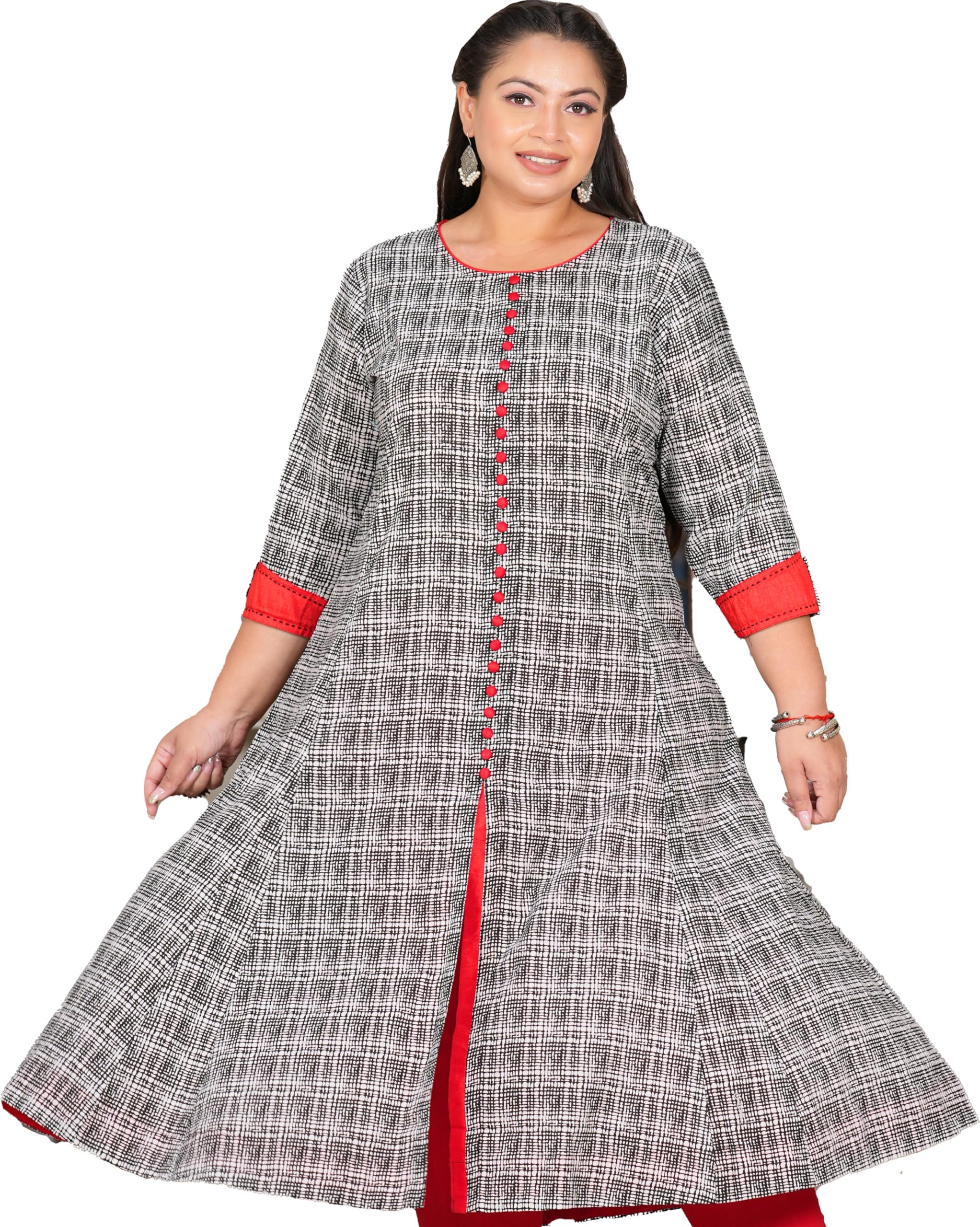 Yash Gallery Women's Plus Size Cotton Anarkali Kurta - Grey & Red Printed Long Kurti - View #10