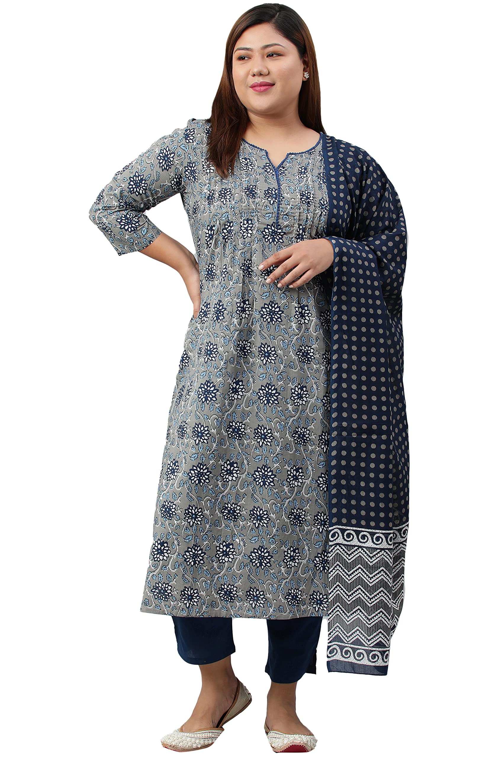XL LOVE - By JanasyaIndian Women's Plus Size Grey Cotton Kurta With Pant and Dupatta
