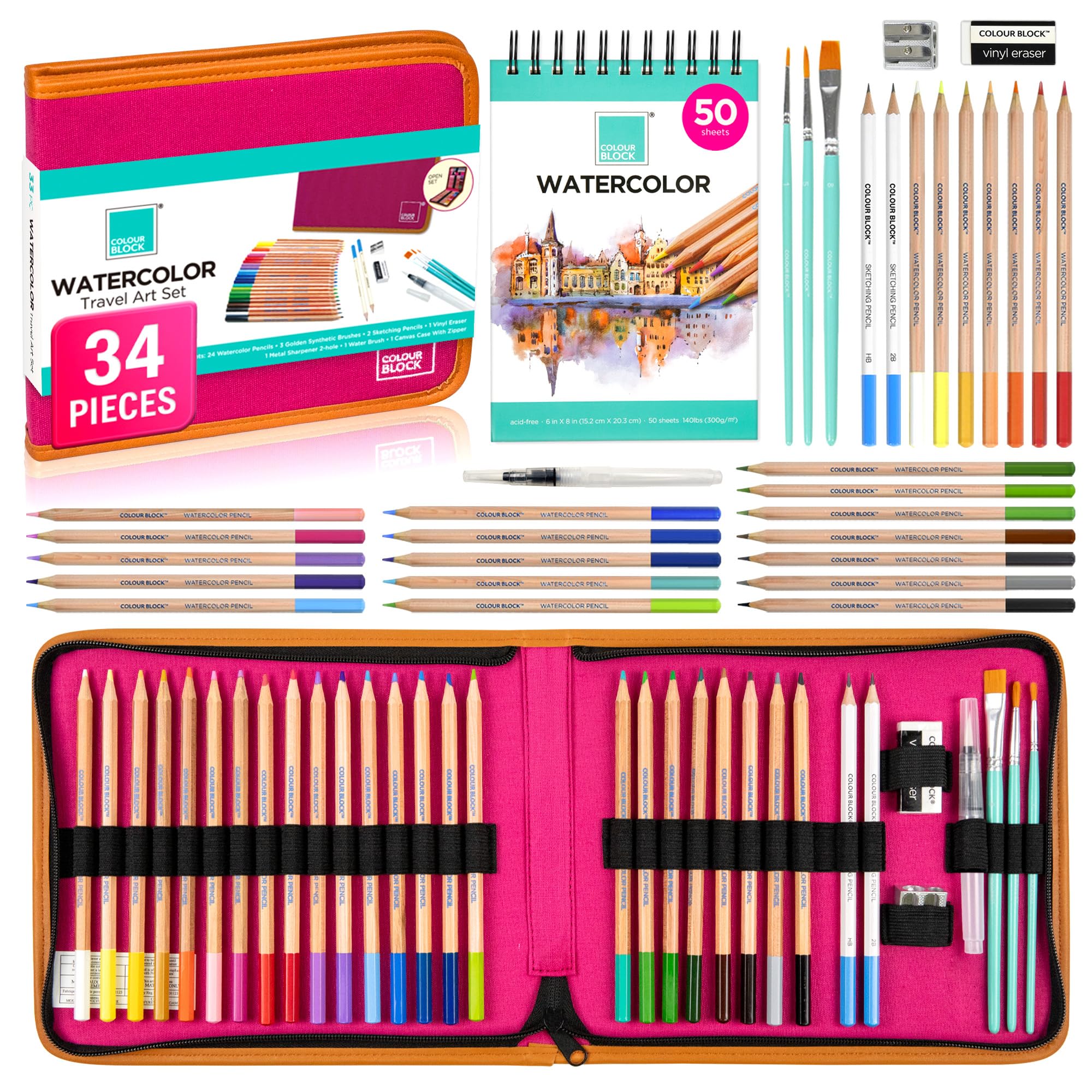 COLOUR BLOCK Watercolor Pencil Travel Art Set I 34pc Professional Drawing Kit, 50Sheets Drawing Pad, Paint Brushes I Vibrant Pigments for Coloring, Blending