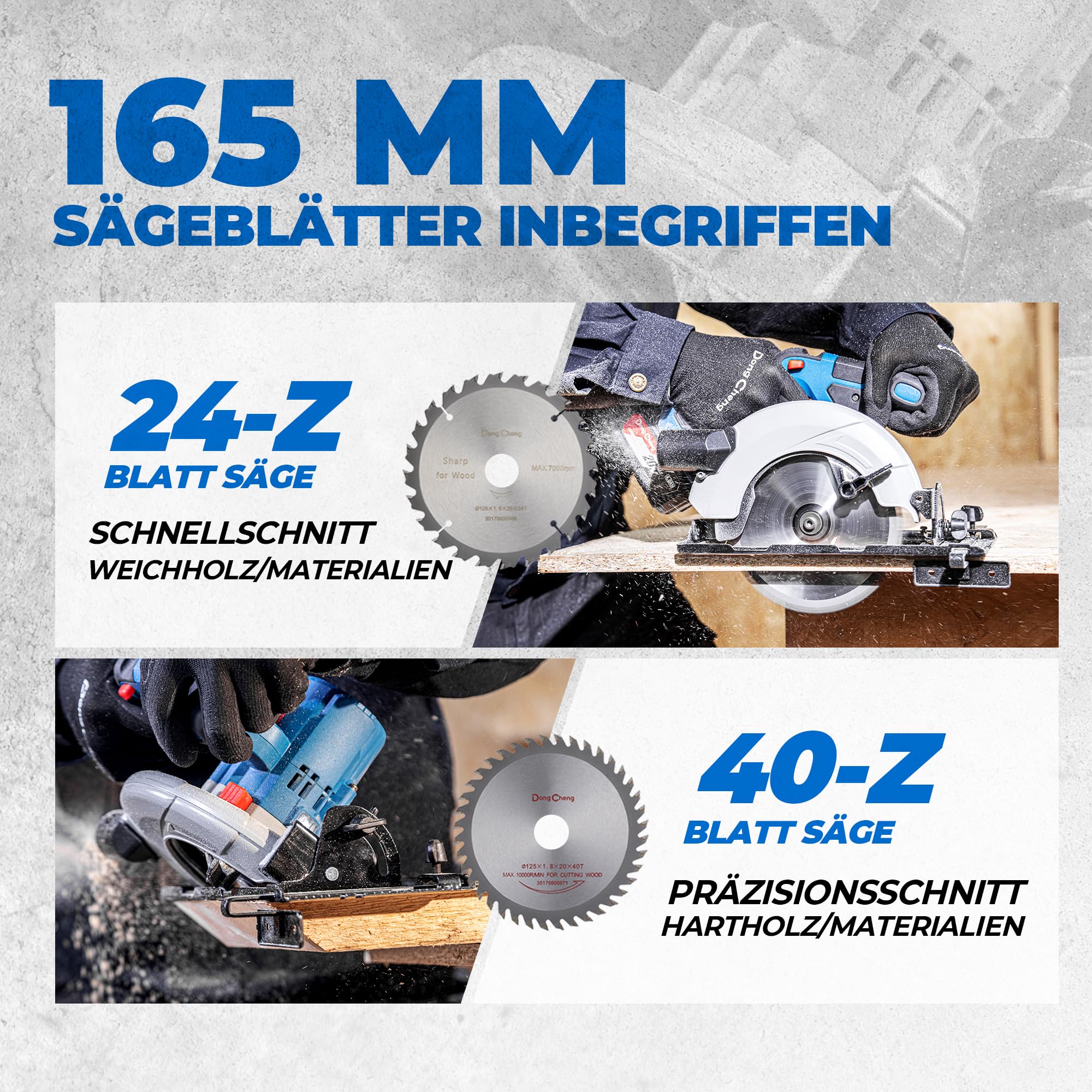Dong Cheng 20V Akku Handkreissäge Ø165mm, 5000RPM, Schnitttiefe 59 mm, 0-50° (inkl. Ø165 x Ø20 mm Sägeblatt, Akku/Ladegerät, BOXX) DCMY165S