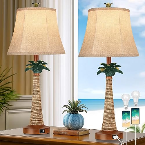 Juego de 2 lámparas de mesa con palmera costera con 2 puertos USB para sala de estar, playa, lámparas náuticas para mesita de noche para dormitorio,