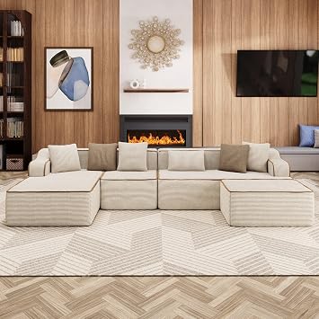 ALPHA HOME Boneless Couch, U-Shaped 6 Seater Modular Sectional Sofa, Beige