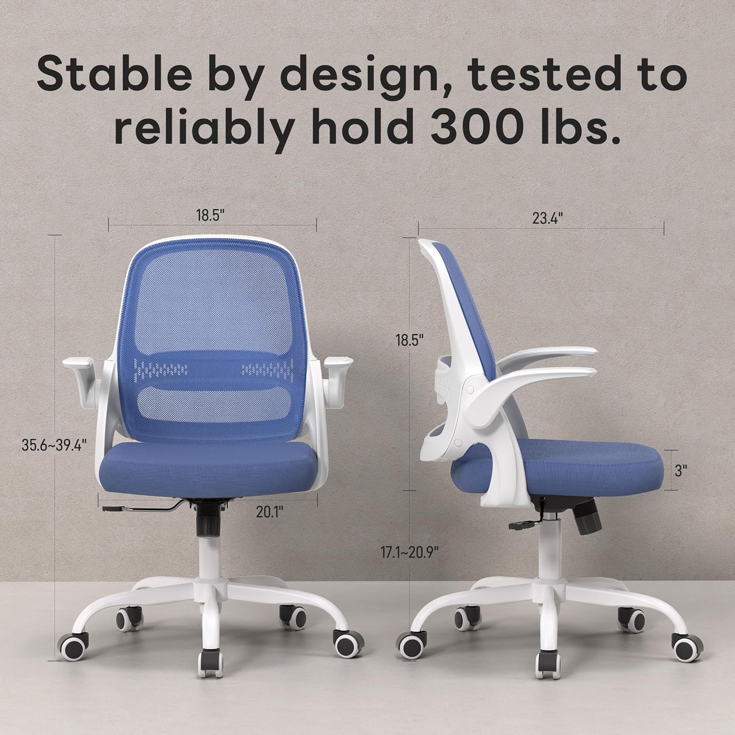 Office Chair，Ergonomic Mesh Desk Chair,Flip-Up Arms,Adjustable Height,Breathable Mesh Back & Thick Cushion Seat,360°Swivel Rolling Computer Chair,BIFMA Certified,Supports 300 lbs(Blue)