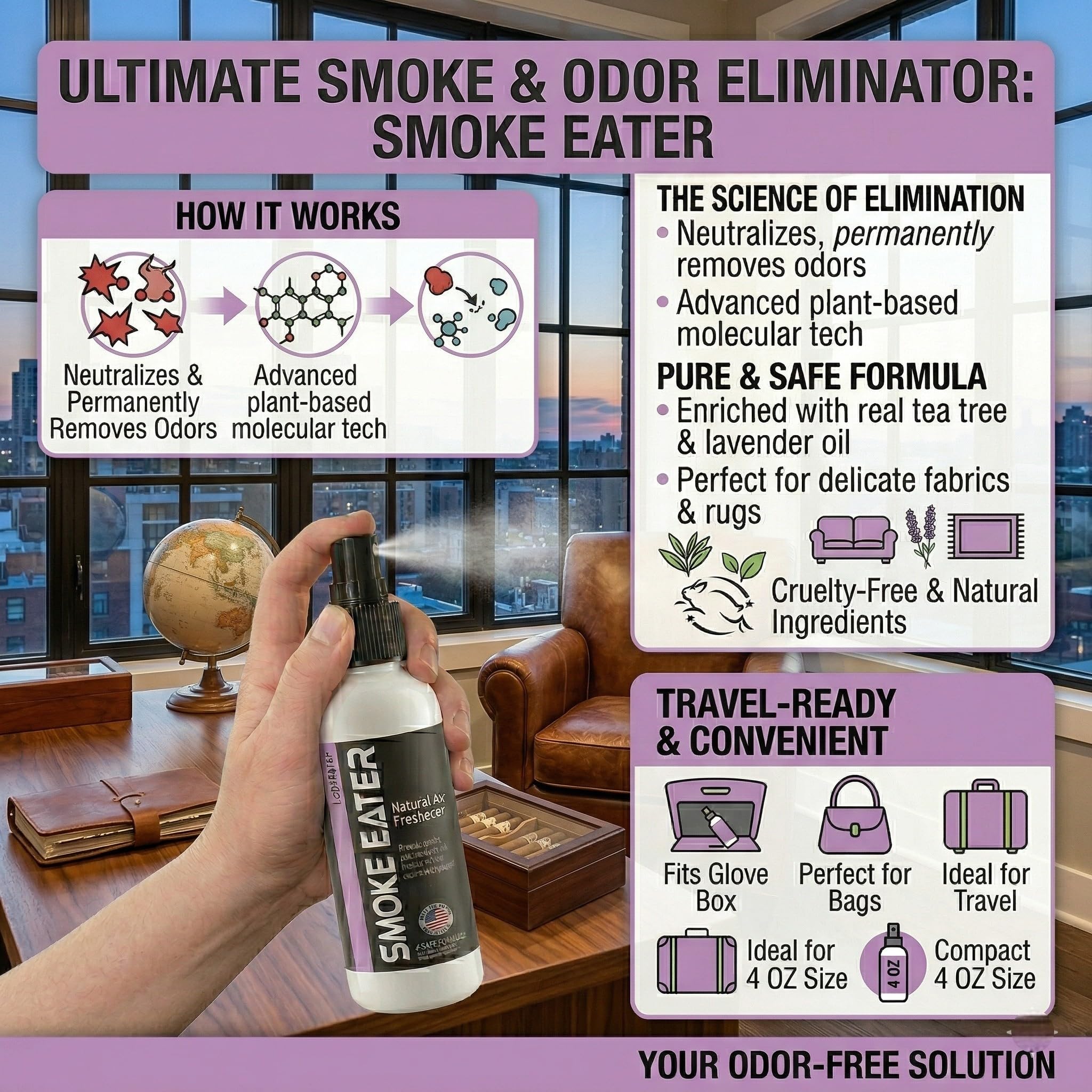 Amazon.com: Smoke Eater Cigarette, Cigar, Cannabis & Tobacco Odor Eliminator  Spray & Air Freshener for Car, Home, Clothes — Lavender, 4 oz Travel Size —  Tea Tree Oil Formula, Non-Aerosol Pump Spray :