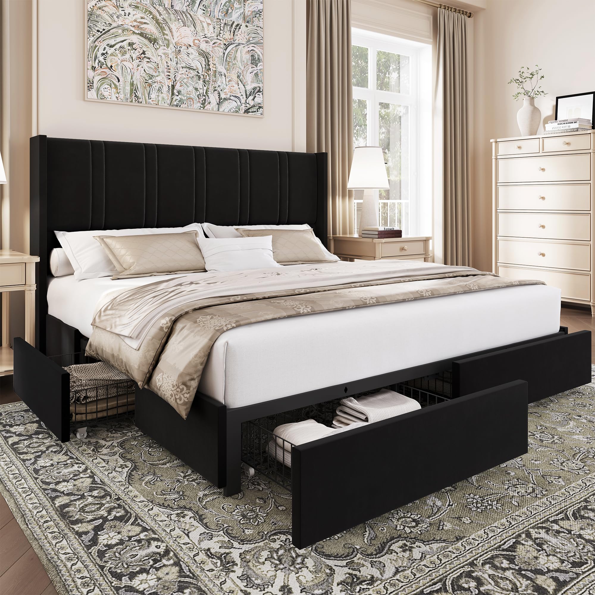 BRELTAM King Size Bed Frame with 4 Storage Drawers Velvet Upholstered Platform Bed with Wingback Headboard, No Box Spring Needed, Easy Assembly, Black