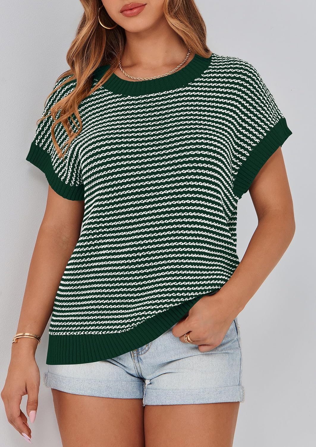 PRETTYGARDEN Womens Short Sleeve Sweater Spring Summer 2026 Round Neck Striped Pullover Cap Sleeve Knit Sweater Vest Tops - Image 8