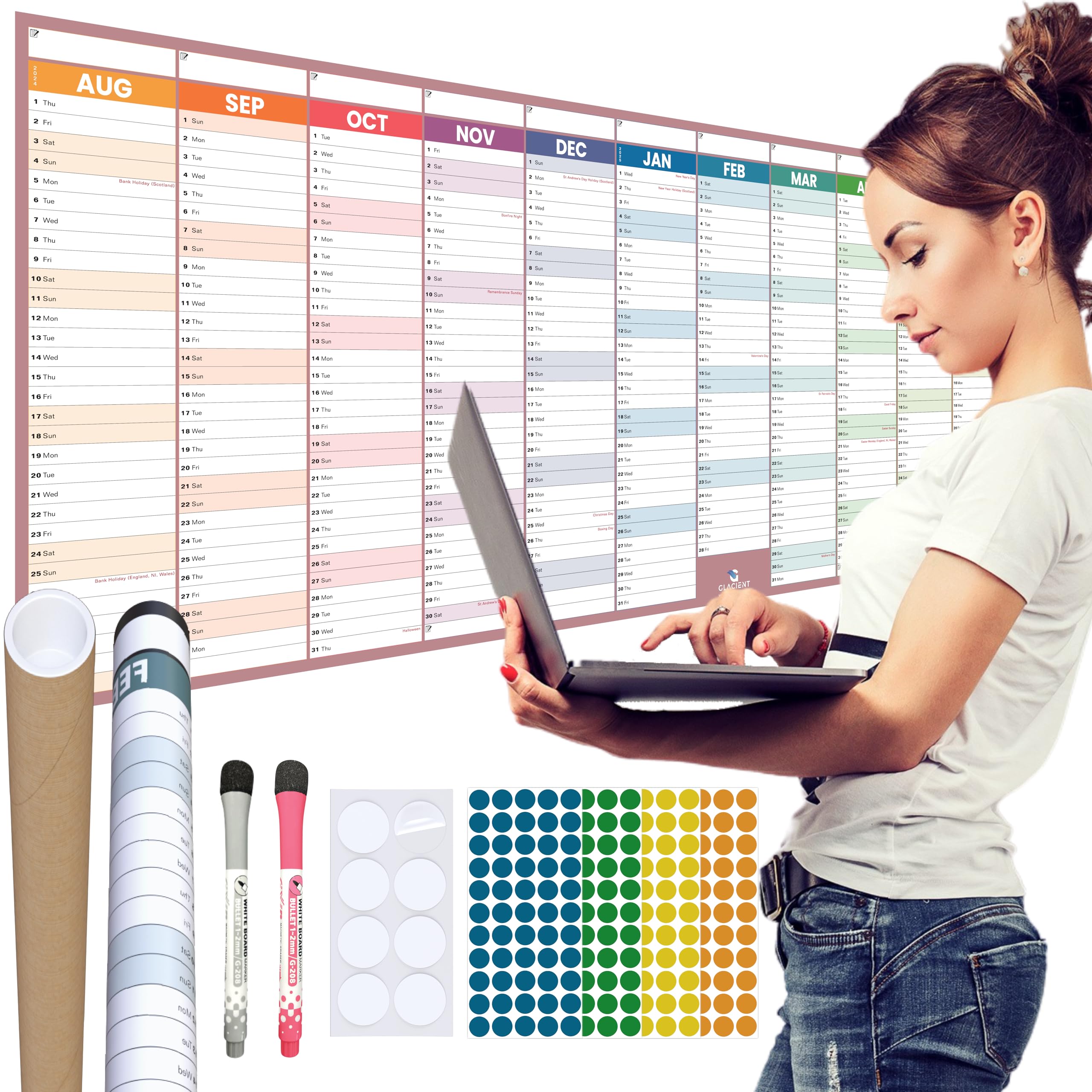 Planificador de pared para año académico 2024-2025, 118 x 42 cm, laminado grueso, calendario de mitad de año, del 24 de agosto al 25 de julio, marcadores, pegatinas y puntos de pegamento, of