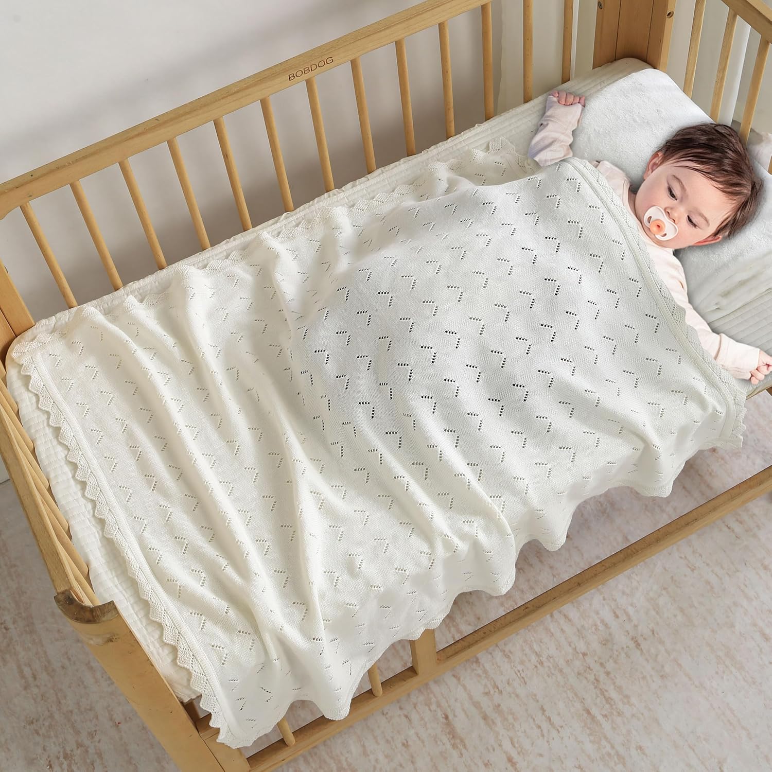 Baby Blanket 100% Cotton Knit Swaddle Soft Newborn Receiving Blanket Cozy for Boy/Girl Crib,Stroller White 40x30in - Image 2