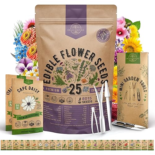 Organo Republic 25 Edible Flower Seeds Variety Pack for Indoor Outdoor Gardening - 8,000+ Non-GMO Heirloom Flower Seeds - 2026 Season: Anise, Hyssop, Nasturtium, Pansy, Echinacea, Lavender, Chives