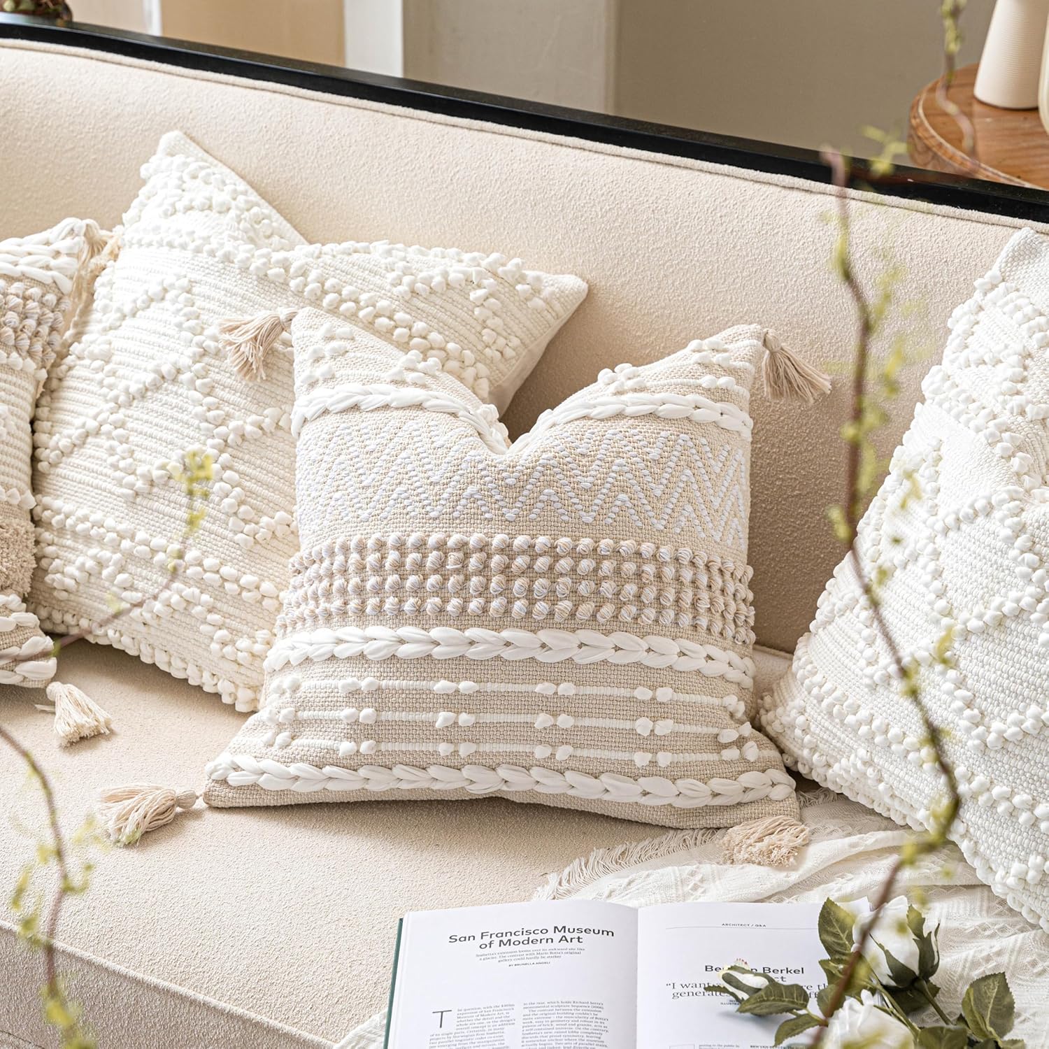 BlissBlush Boho Throw Pillow Cover 22X22, Large Decorative Accent Pillow for Couch, Square Woven Textured Pillowcase, Modern Boho Pillow for Bed, Bohemian Pillow Cover, Cream White (Pack of 1) - Image 7