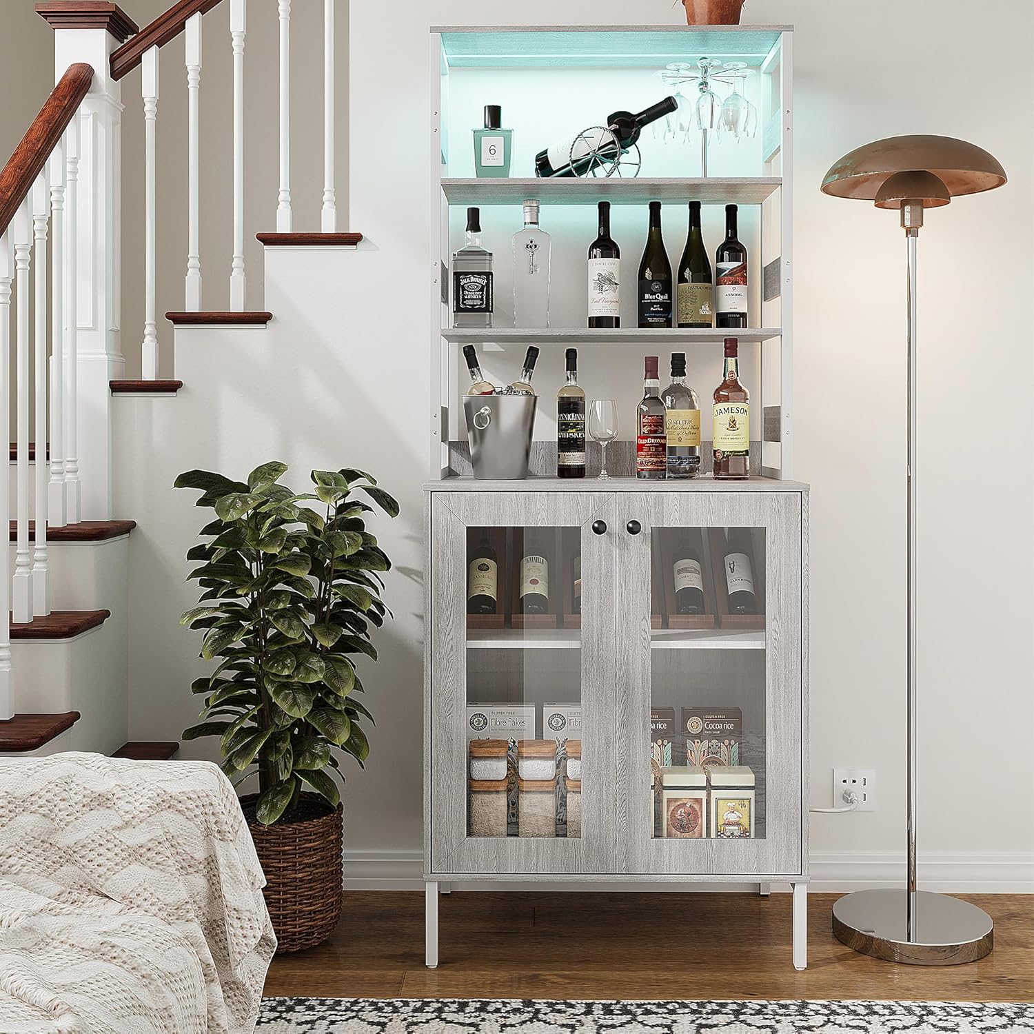 IDEALHOUSE 67Inch Bakers Rack with Power Outlet and Storage, Farmhouse Coffee Bar Cabinet with LED Lights, Microwave Stand Kitchen Coffee Bar Station Liquor Cabinet with Adjustable Shelf/Hutch, Black