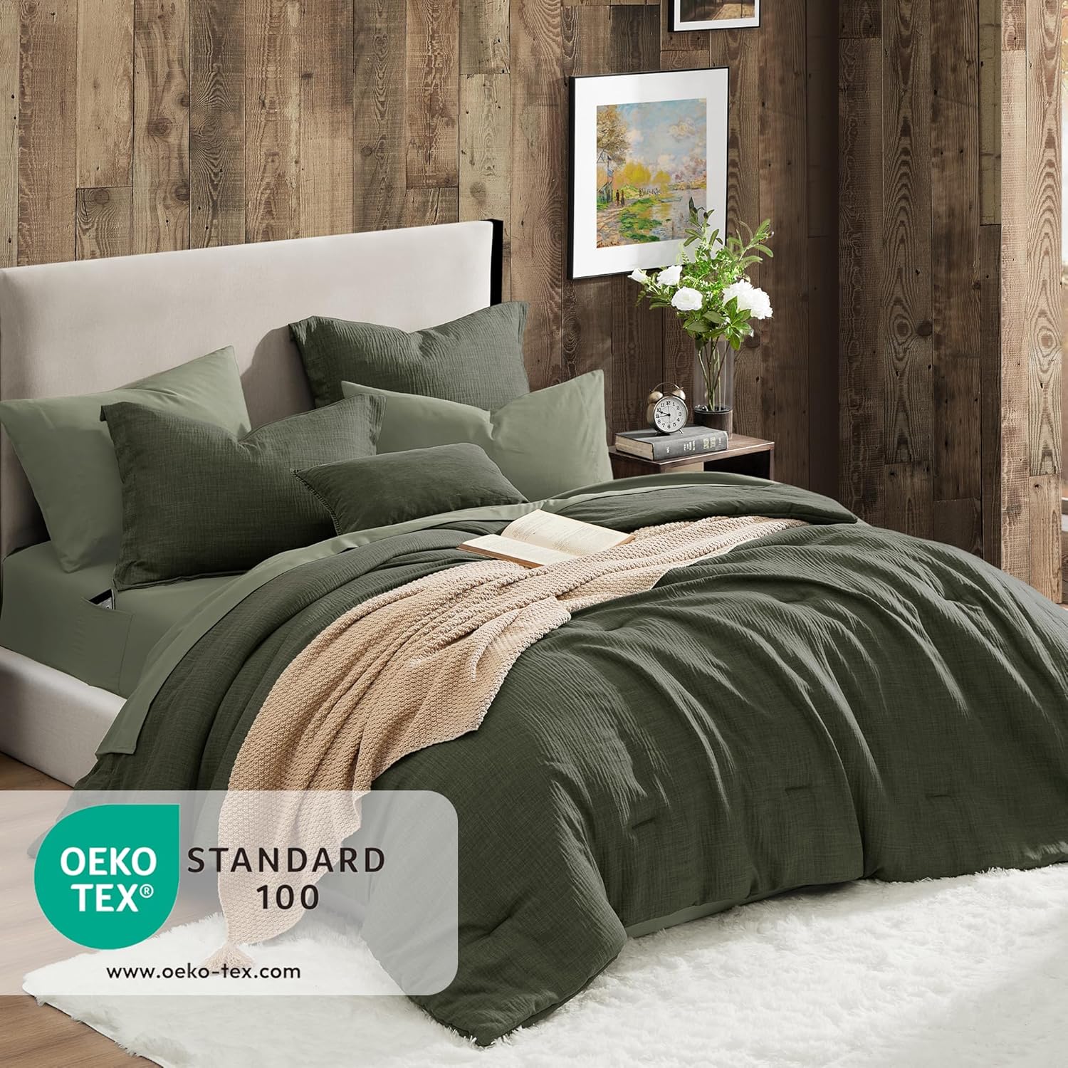 Geniospin Oversized King Comforter Set - 7 Pieces Comforter Oversized King, Soft Solid Bedding Set for All Season, Textured Bed in a Bag with Sheets, Pillowcases & Shams (Dark Green, 120''x98'') - Image 2