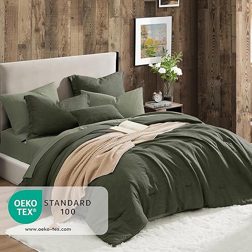 Vista 2 de Geniospin King Size Comforter Set- 7 Piece Dark Green Textured King Bedding Set, Soft Solid Bed in a Bag for All Season, King Comforter Set with