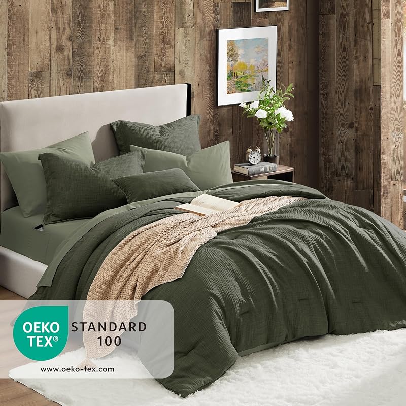 King Comforter Set - 7 Pieces Green Textured Bed in a Bag King Bedding Set image 2