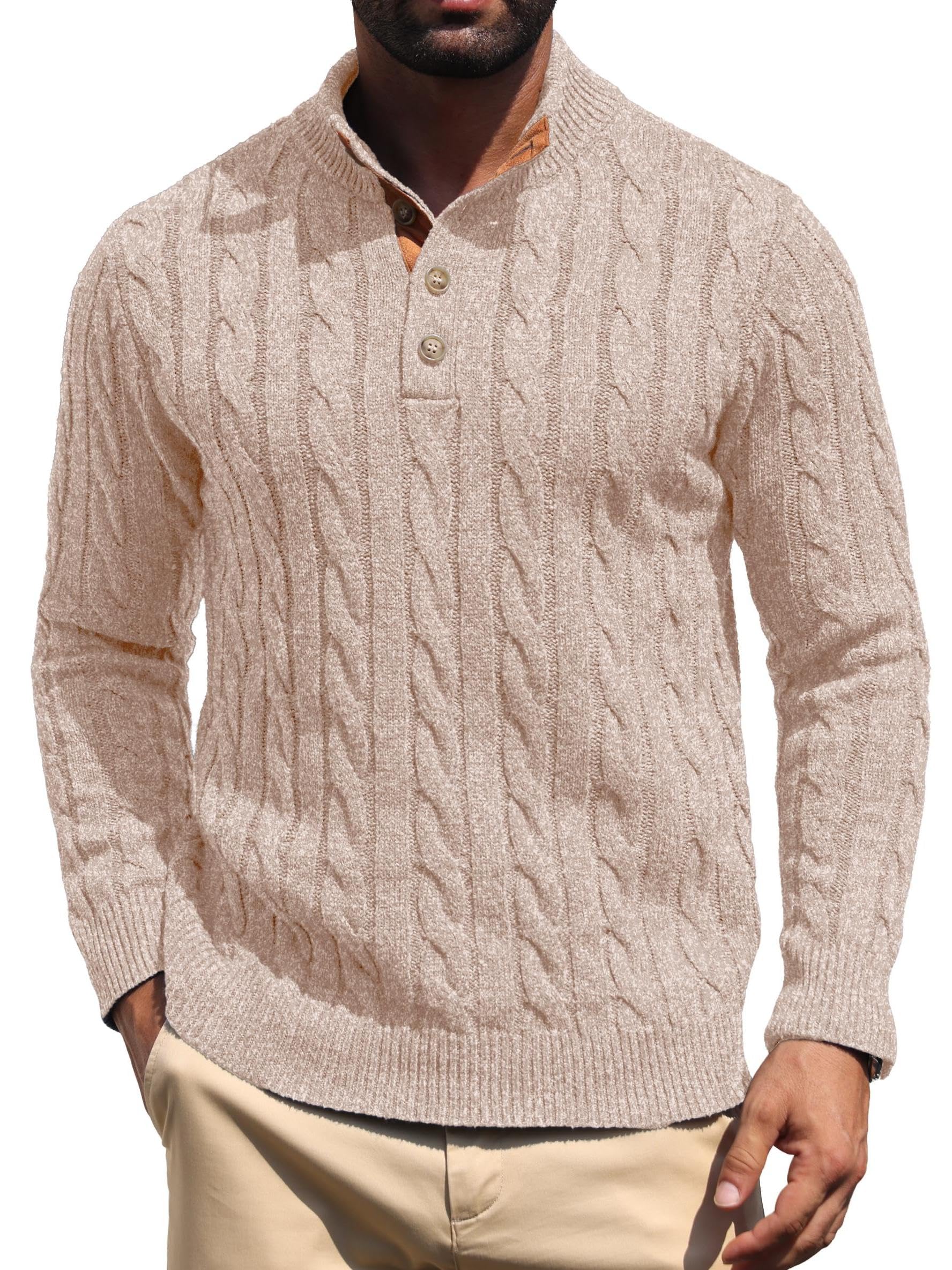qixing Men's Henley Pullover Cable Knit Stand Collar Knitted Jumper Warm Soft Autumn Winter Casual Gift with Suede Patches-picture-53