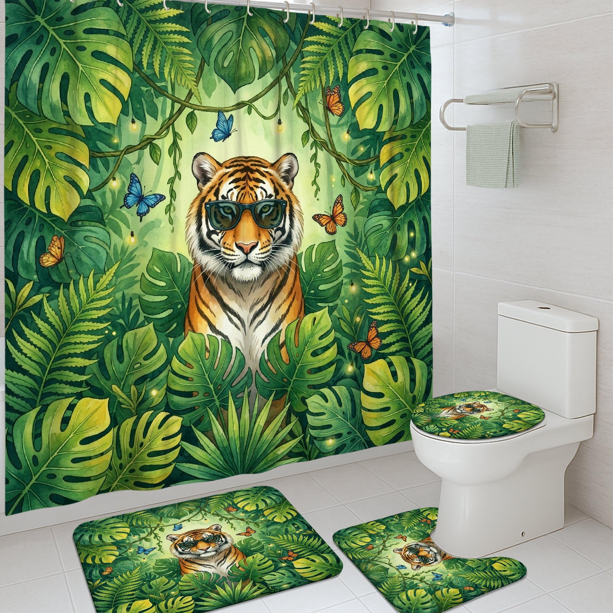 Rideau de douche tigre lavable 183x183cm anti-éclaboussures avec tapis vert