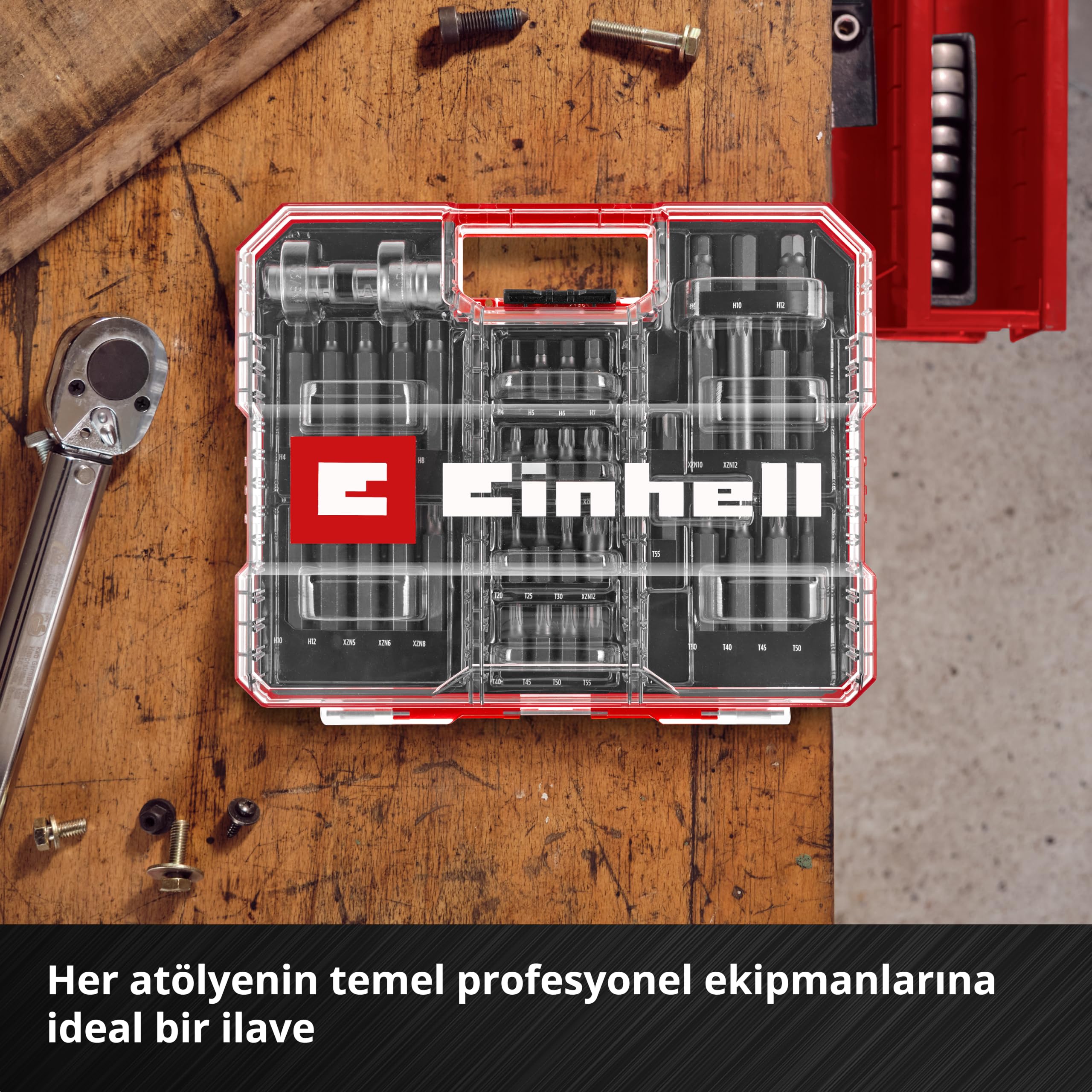 Orijinal Einhell XL-CASE Otomotiv Bit Seti – 40 Parça (10 mm Altıgen Saplı CrV Çelik Power Bitler, 10 mm Altıgen 3/8" ve 1/2" Kare Lokma Adaptörleri, Saklama Kutusu Dahil) - 49109032
