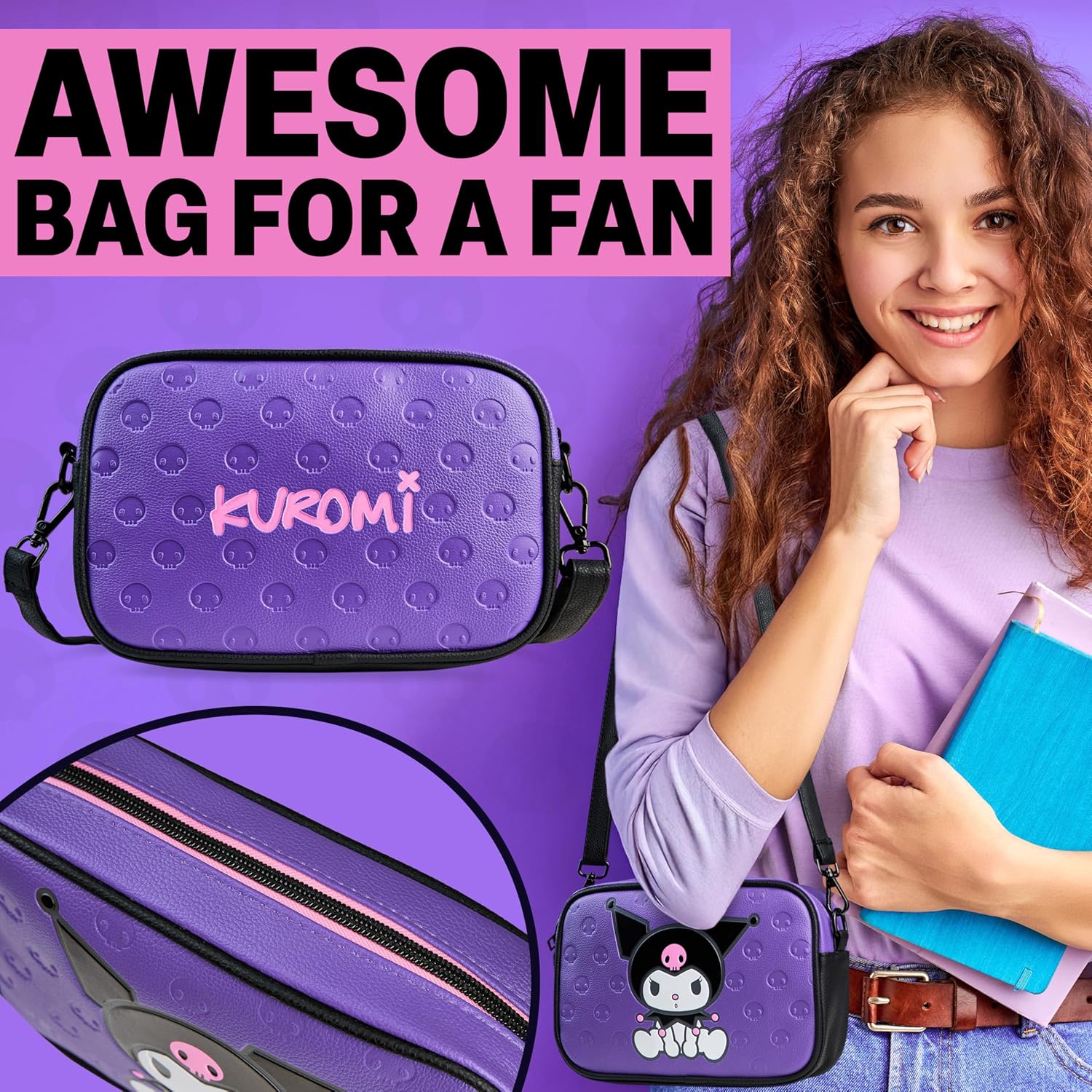 Hello Kitty Sanrio Kuromi Crossbody Bags Girls, Teens, Anime Purse, Kawaii Shoulder Bag, Gifts for Girls (Purple Kuromi) - Image 3