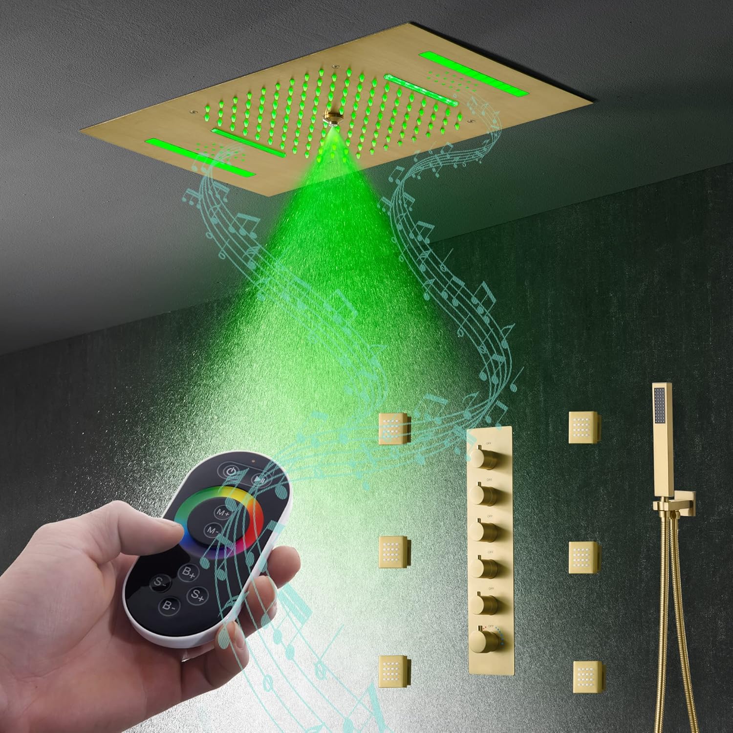 Cascada Luxury 15”x23” Modern LED shower system with built-in Bluetooth Speakers,5 function (Rainfall,Waterfall,Misty,body jets & HandShower) (Brushed Nickel)