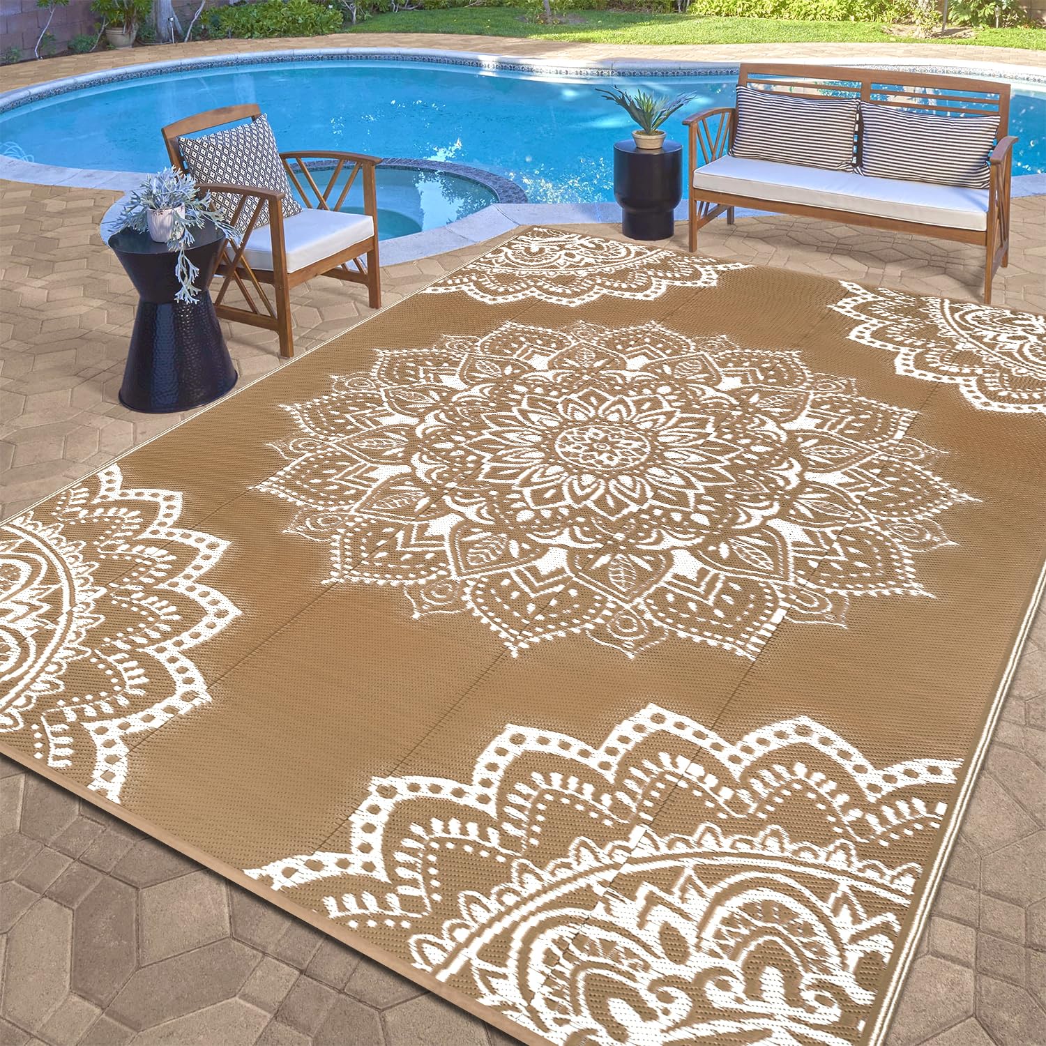 Yamaziot Waterproof Outdoor Rug 9x12 ft, Reversible Plastic Straw Rug (Brown)