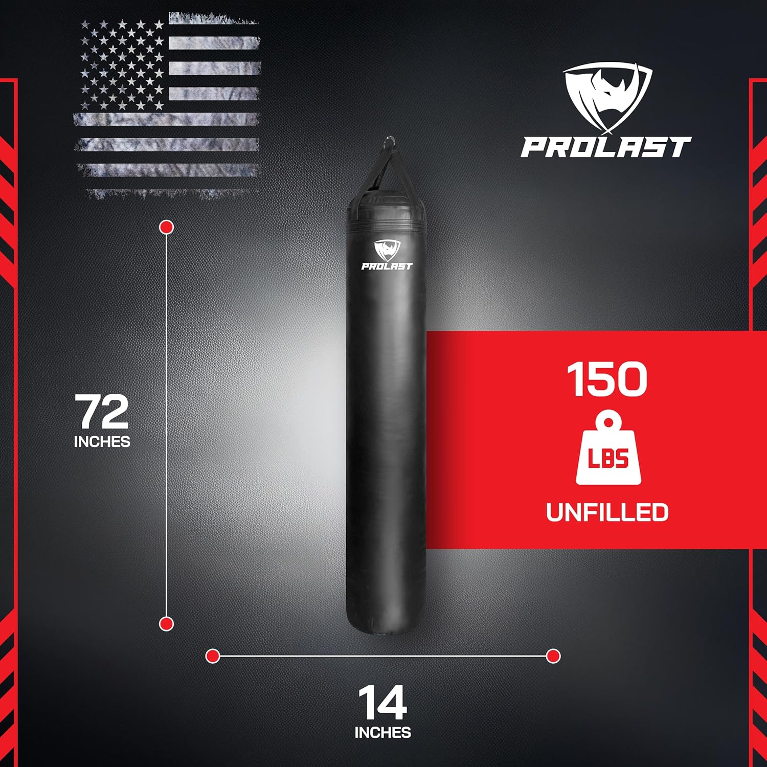 PROLAST Heavy Punching Kicking Bag for Adults, Boxing, MMA, Martial Arts, Muay Thai, Kickboxing, Strength Training Equipment, 6ft, 150 lbs, Rhino Logo