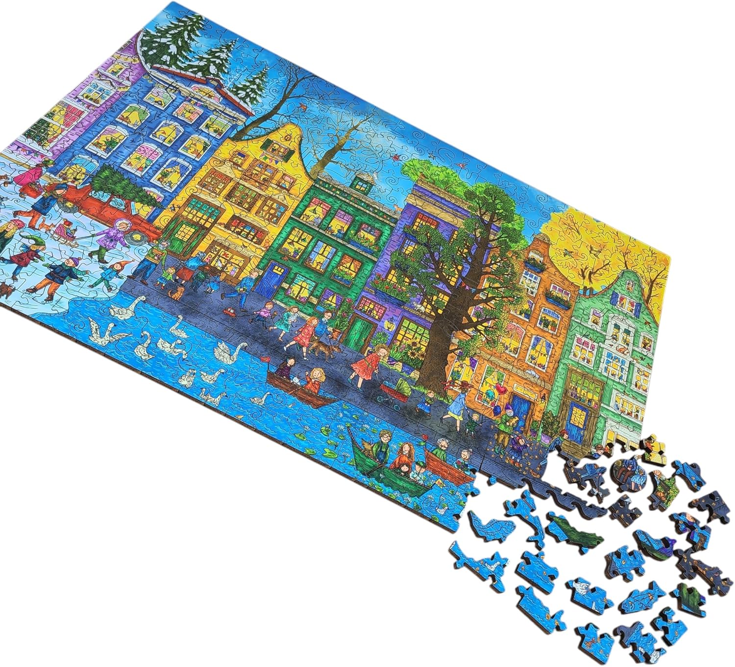 Wooden Puzzle for Adults - Uniquely Shaped Pieces - Made in The USA by FoxSmartBox - 460 Pieces - European Street in Four Seasons