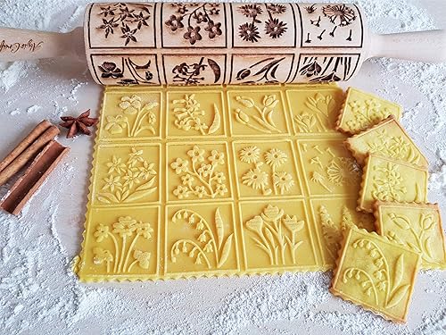 SPRING FLOWERS Embossing Rolling Pin with 16 Different Flowers in Squares. Dough and Clay Roller for Embossed Cookies and Pottery. Cookie and