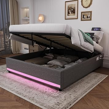 Merax 5FT King Ottoman Storage Bed Frame with APP LED Lights & Charging Station, Hydraulic Lift Linen Upholstered Bed, No Headboard King Size Bed Frame with Side Pockets, Grey No Mattress