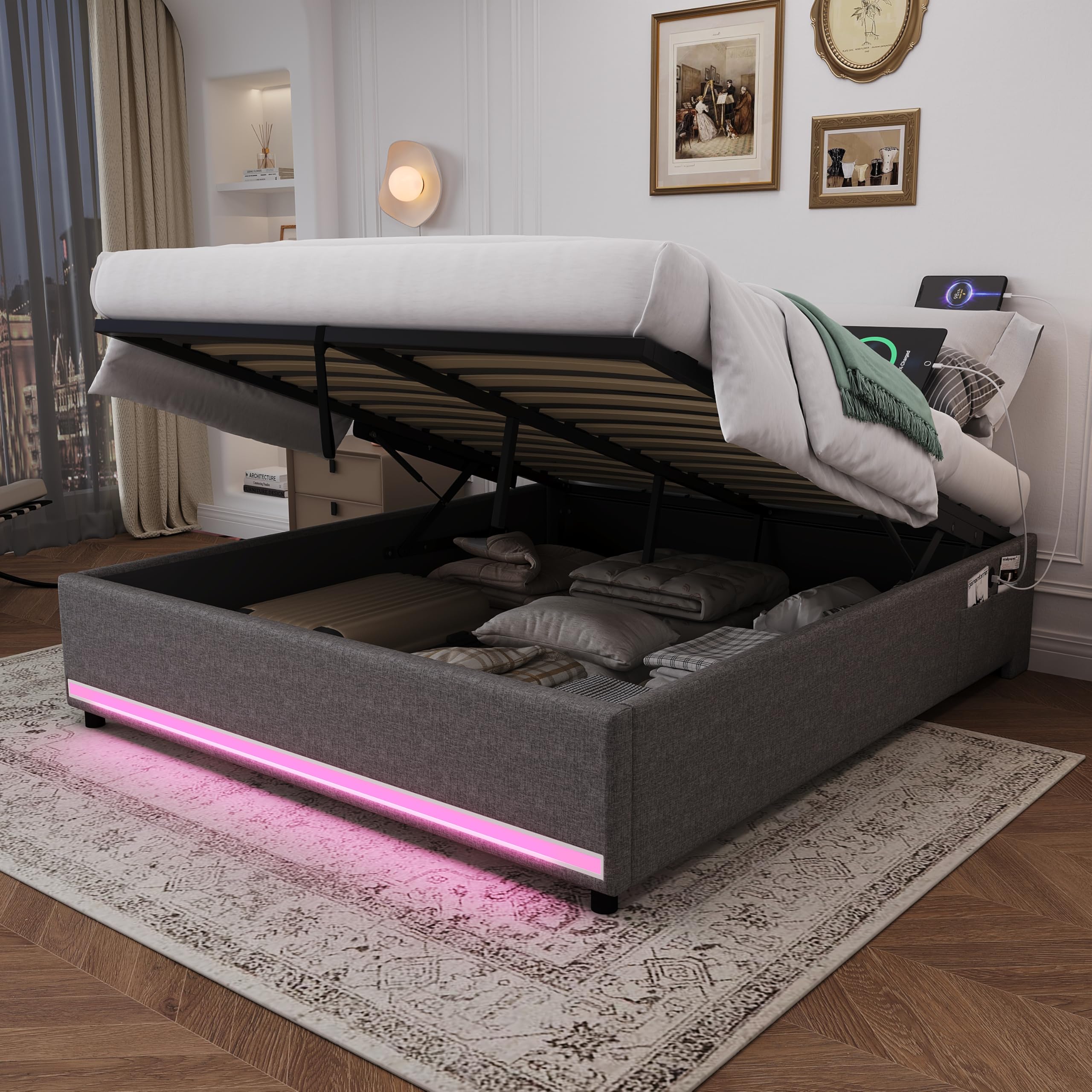 Merax 5FT King Ottoman Storage Bed Frame with APP LED Lights & Charging Station, Hydraulic Lift Linen Upholstered Bed, No Headboard King Size Bed Frame with Side Pockets, Grey (No Mattress)